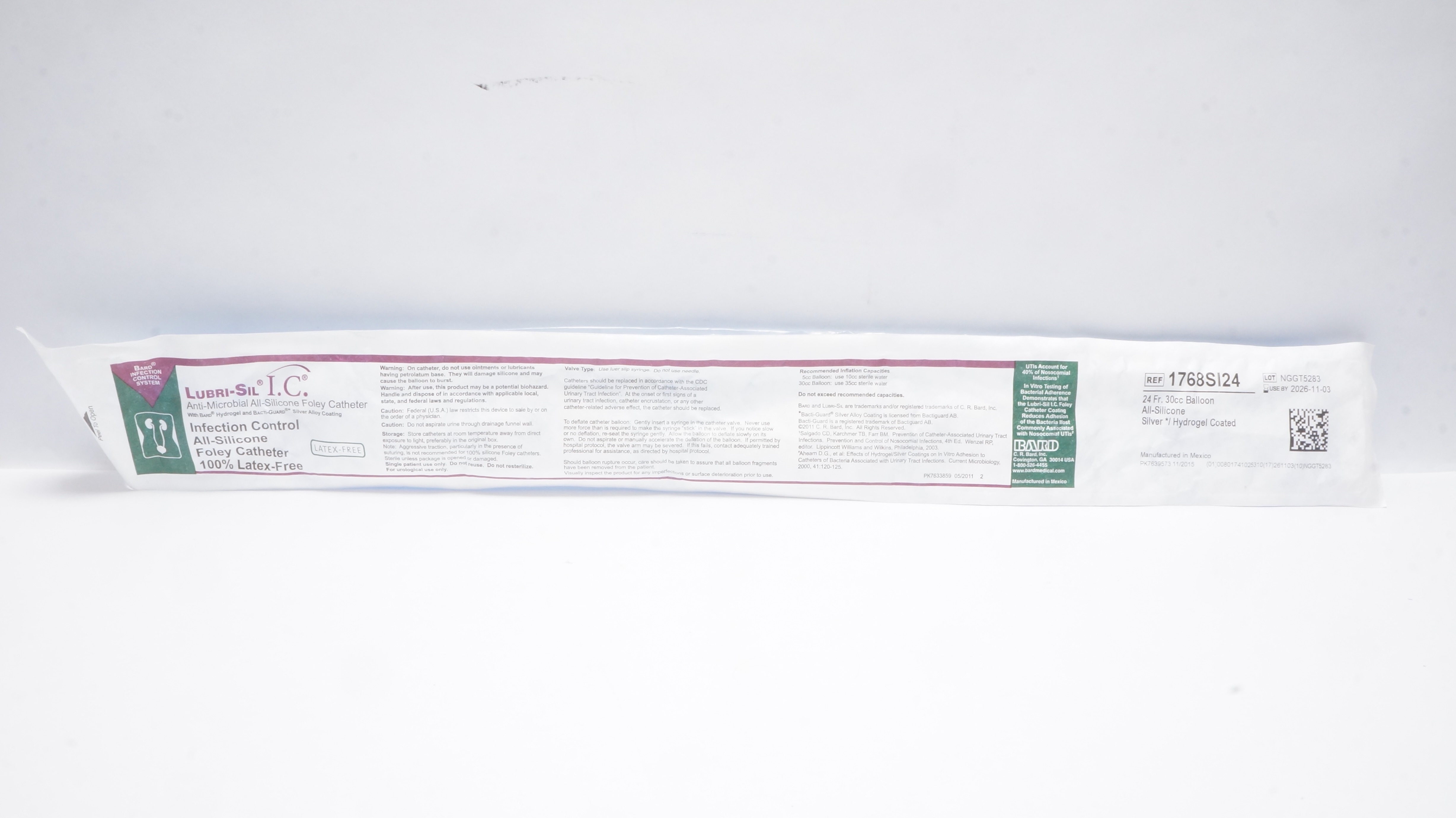 Bard 1768SI24 Lubri-Sil I.C. Anti-Microbial Foley Cath. 24Fr 30cc Balloon