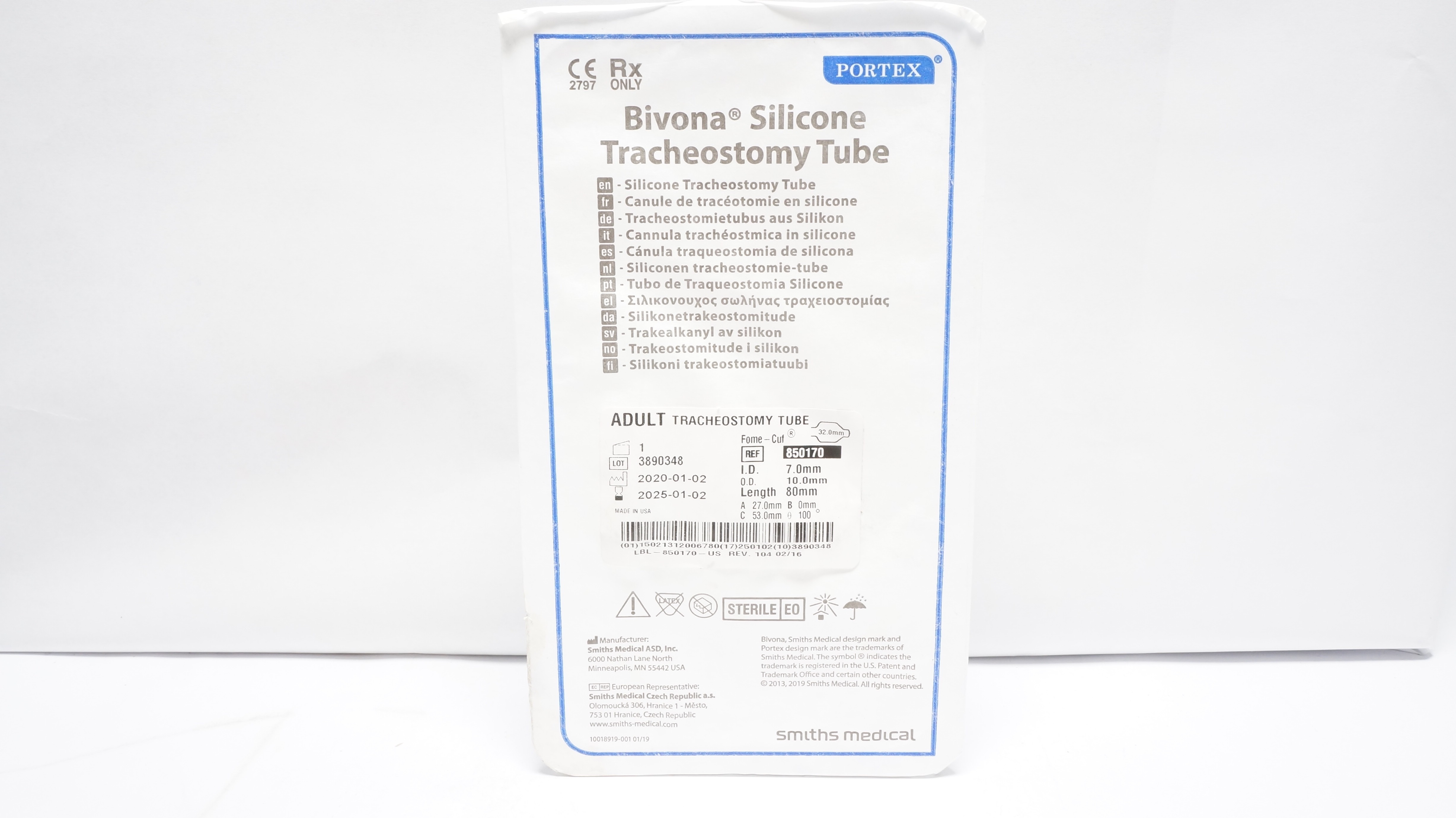 Smiths Medical 850170 Portex Adult Tracheostomy Tube 7.0ID x 10.0OD x 80mm (x)