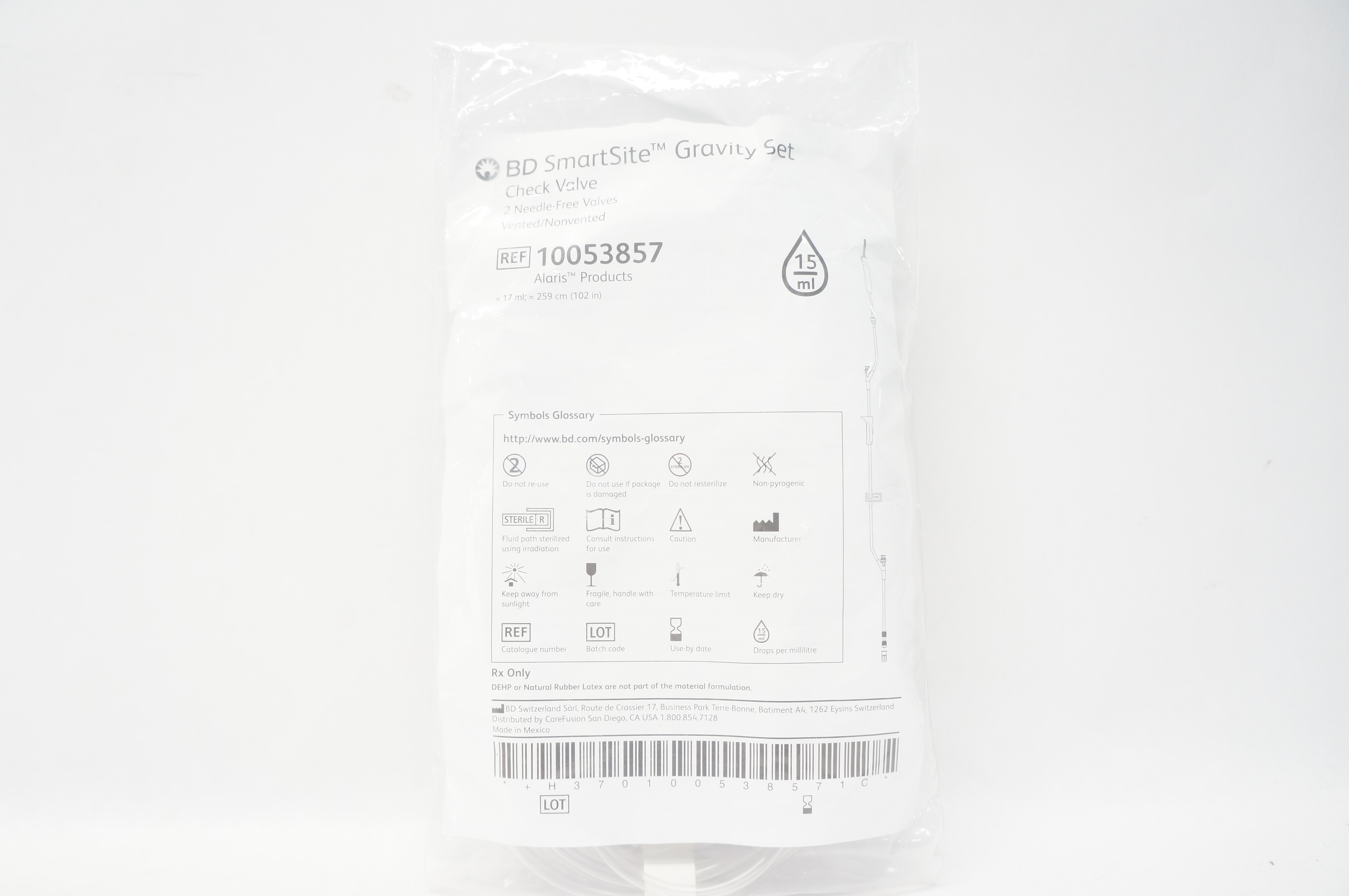 BD 10053857 SmartSite Gravity Set Check Valve 15Drops, 17inch x 102inch