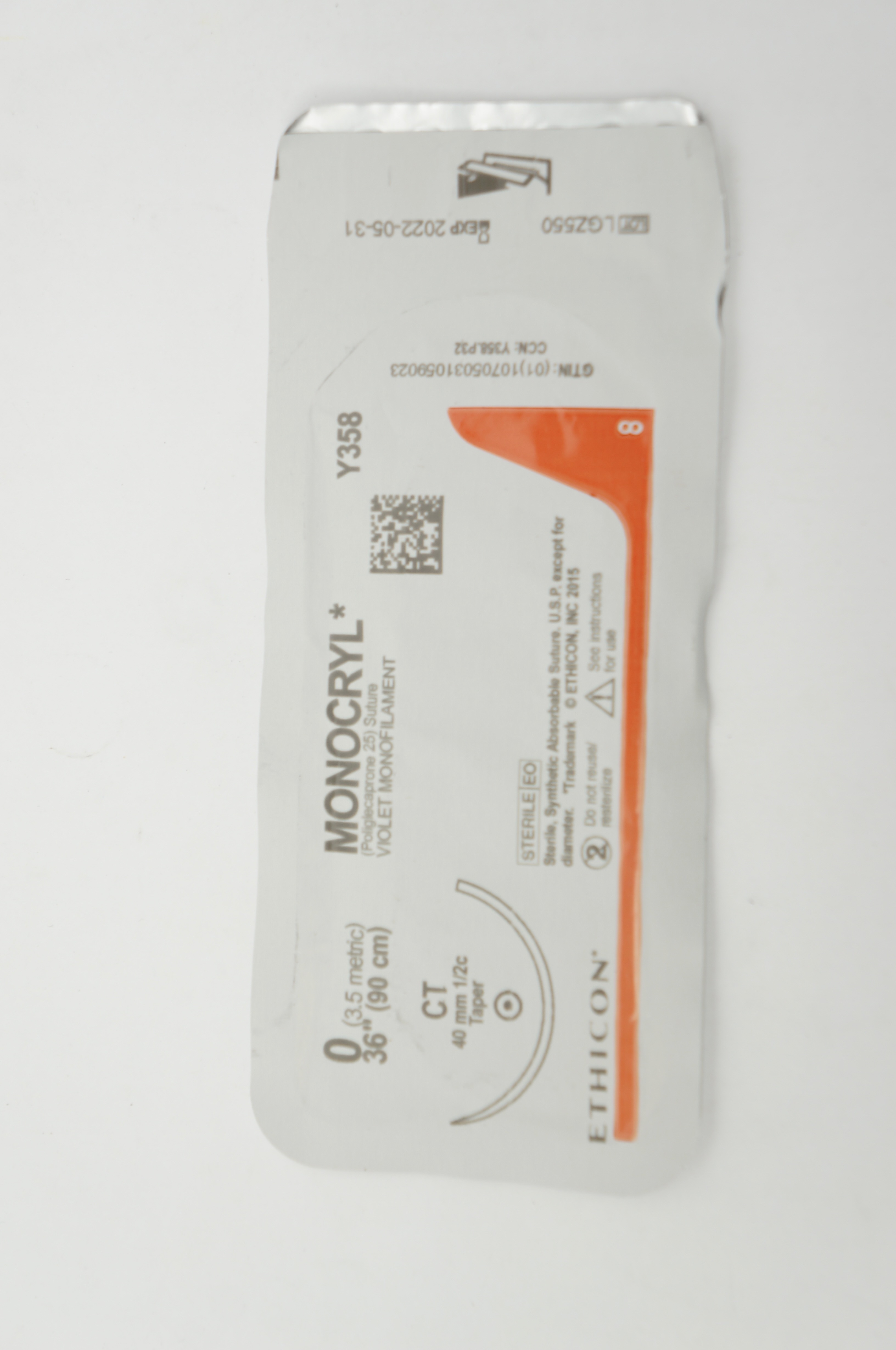 Ethicon Y358 0 MONOCRYL Violet Monofilament CT 40mm 1/2C Taper, 36inch (x)
