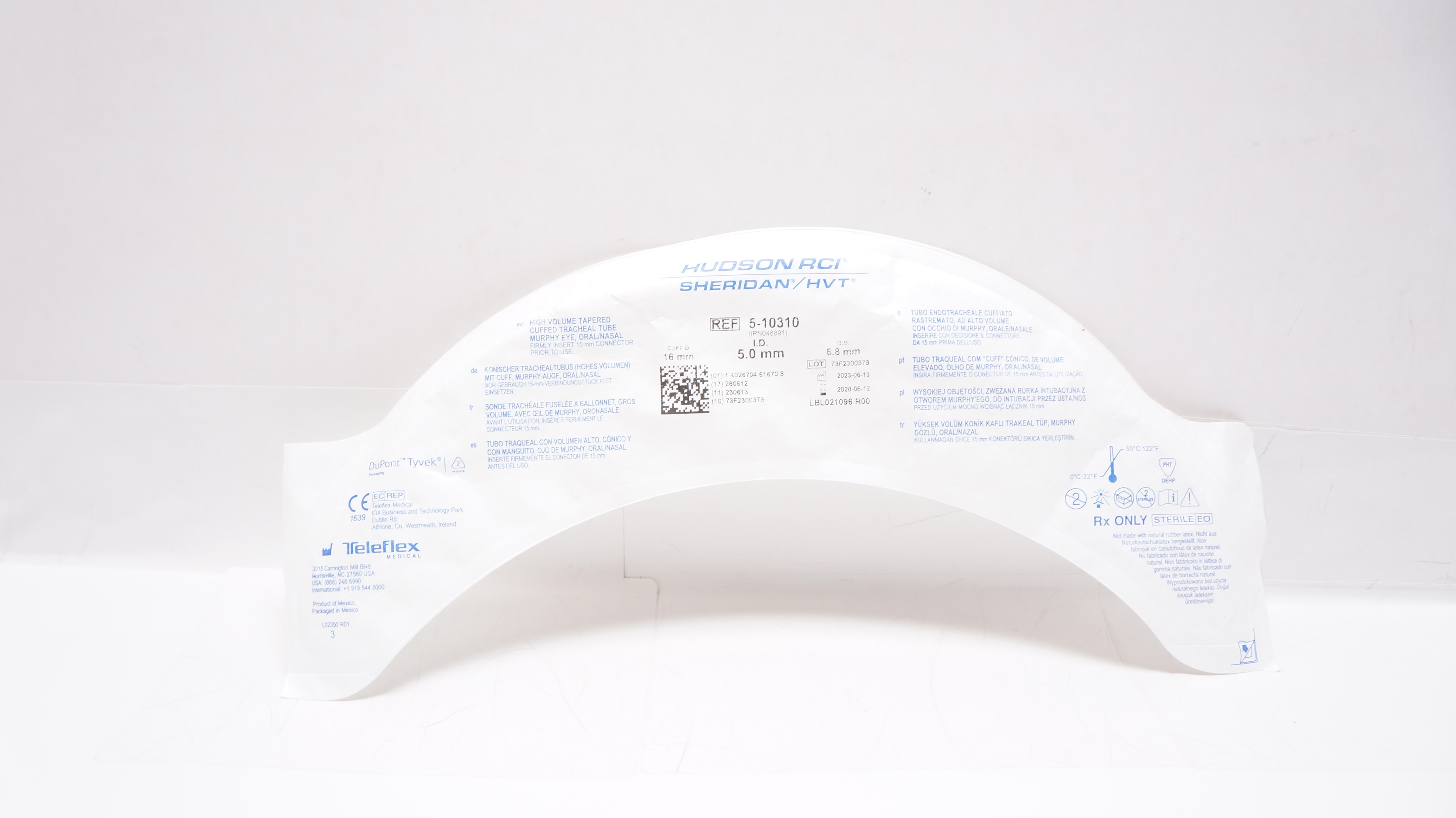Teleflex 5-10310 Hudson RCI Sheridan Cuffed Tracheal Tube 5.0ID x 6.8OD x 16mm