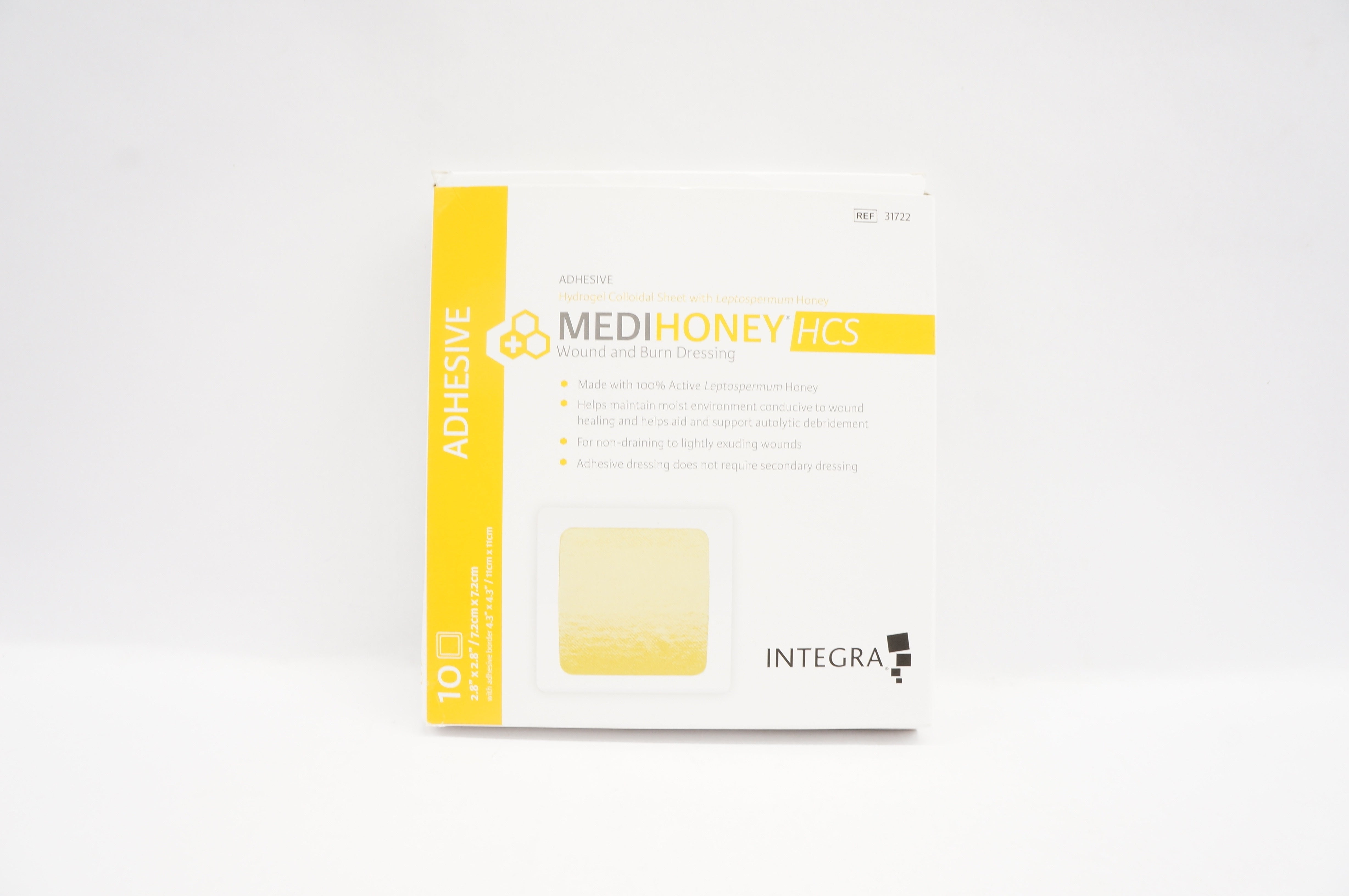 Integra 31722 MEDIHONEY Adhesive WITH HCS Sheet 2.8inch x 2.8inch - Box of 10