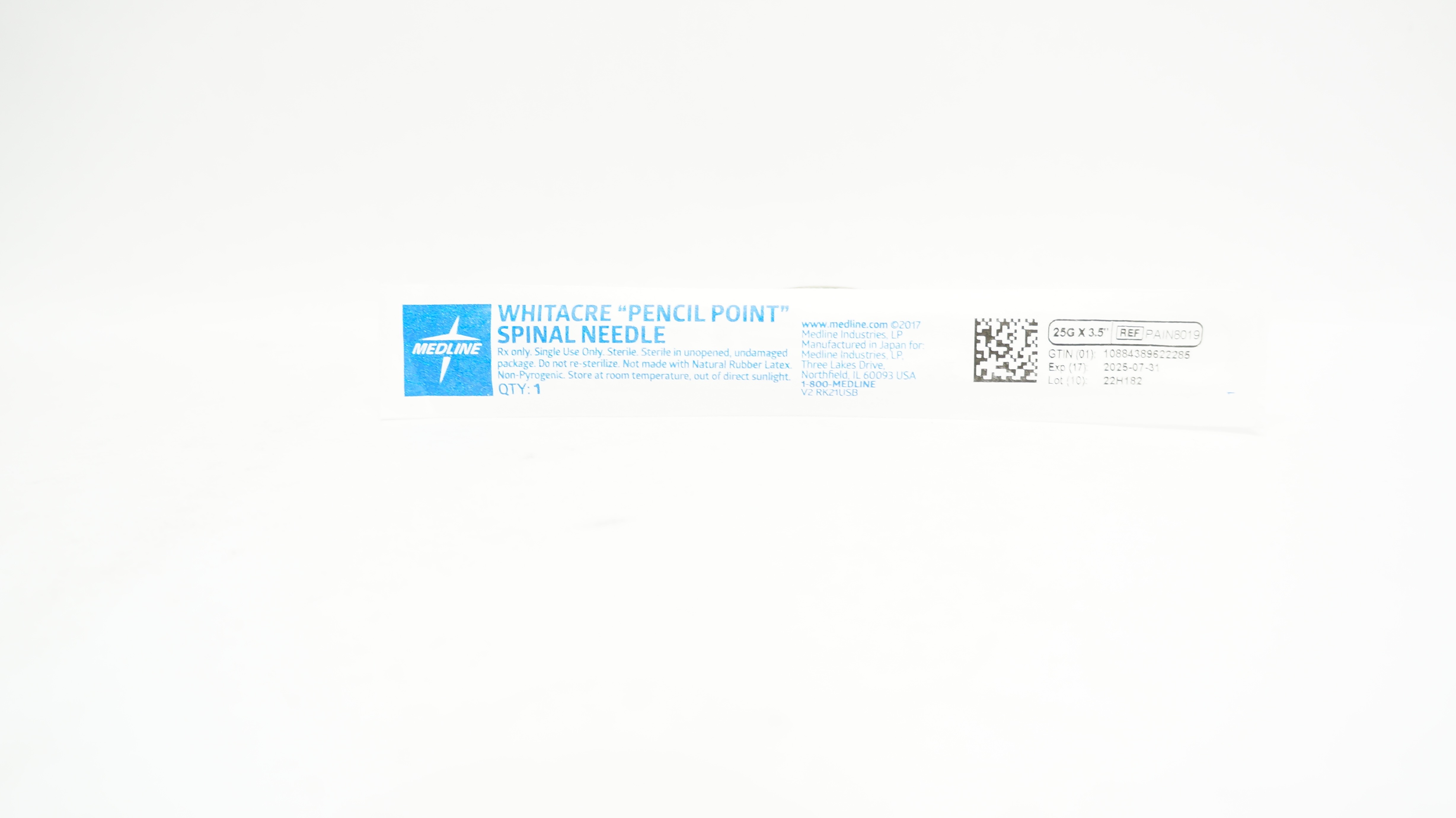 Medline PAIN8019 Whitacre Pencil Point Spinal Needle 25 G x 3.5 inch