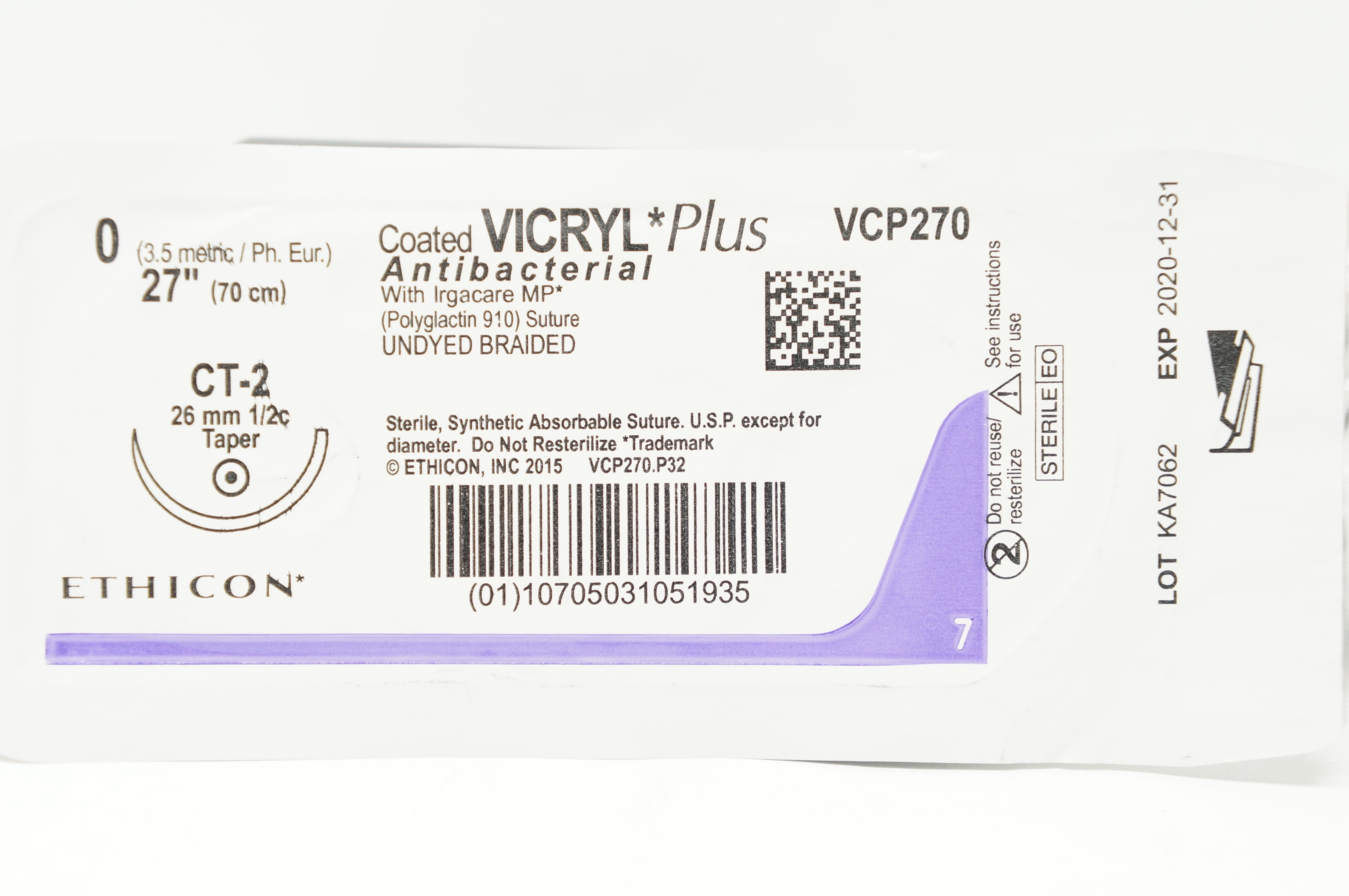 Ethicon VCP270 0 VICRYL PLus, CT-2, 26mm 1/2c Taper 27 inch (x)