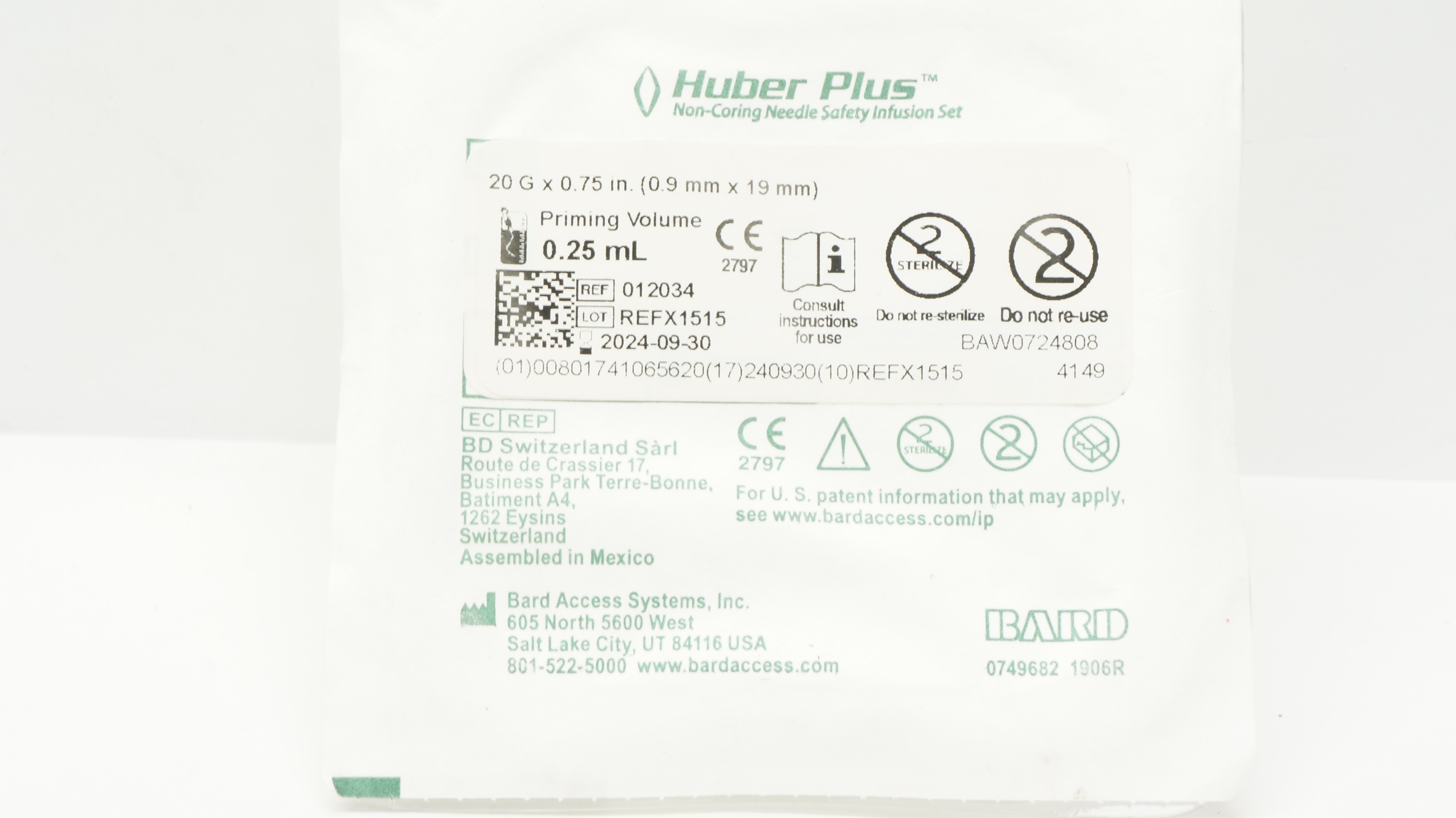 Bard 012034 Huber Plus Ndle Safety Infusion Set 20G x 0.75inch Prim.Vol.0.25mL(x)