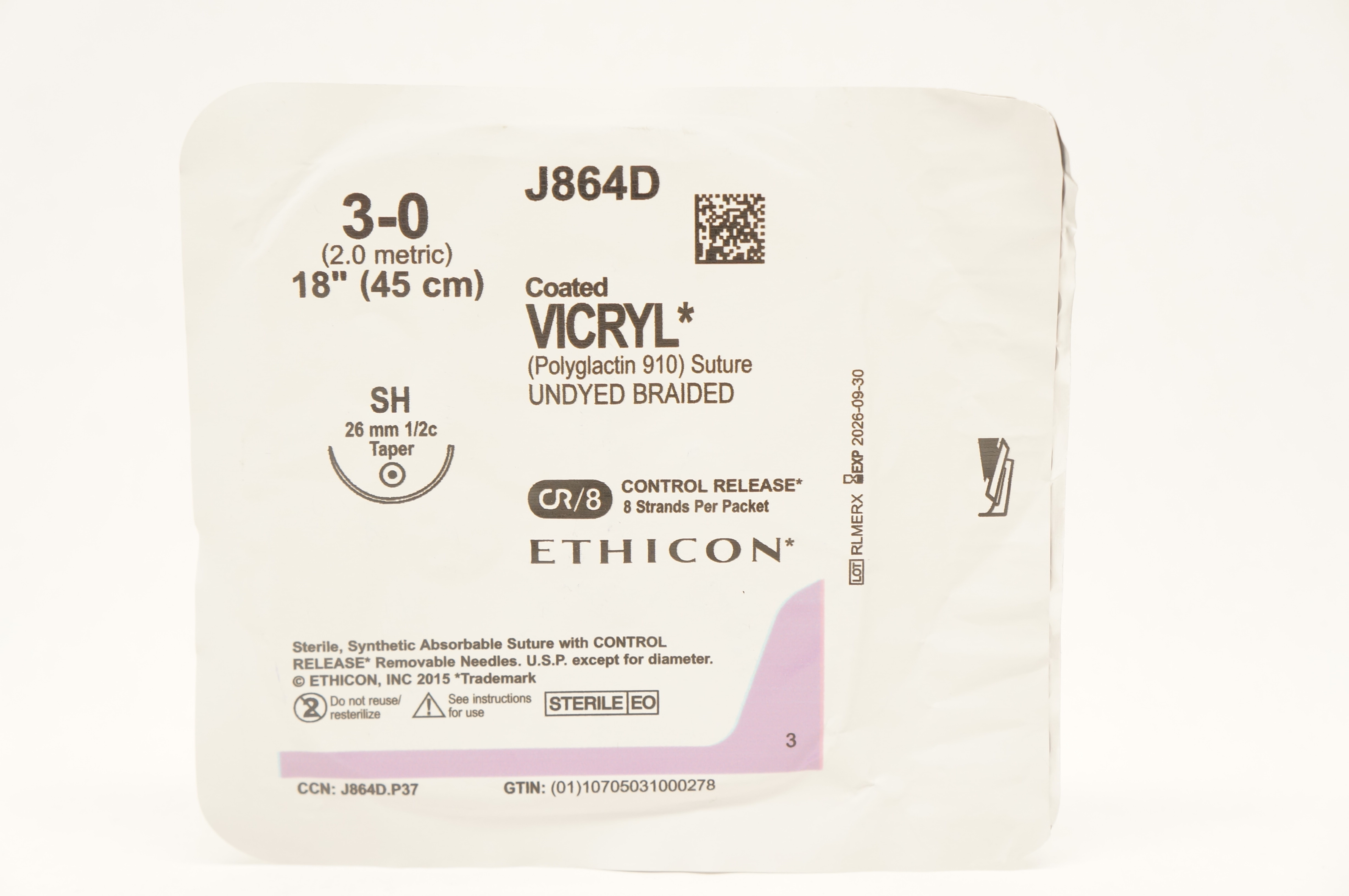 Vic Ryp Ethicon J864D 3-0 Coated VICRYL Undyed Braided SH 26mm 1/2c Taper, 18inch