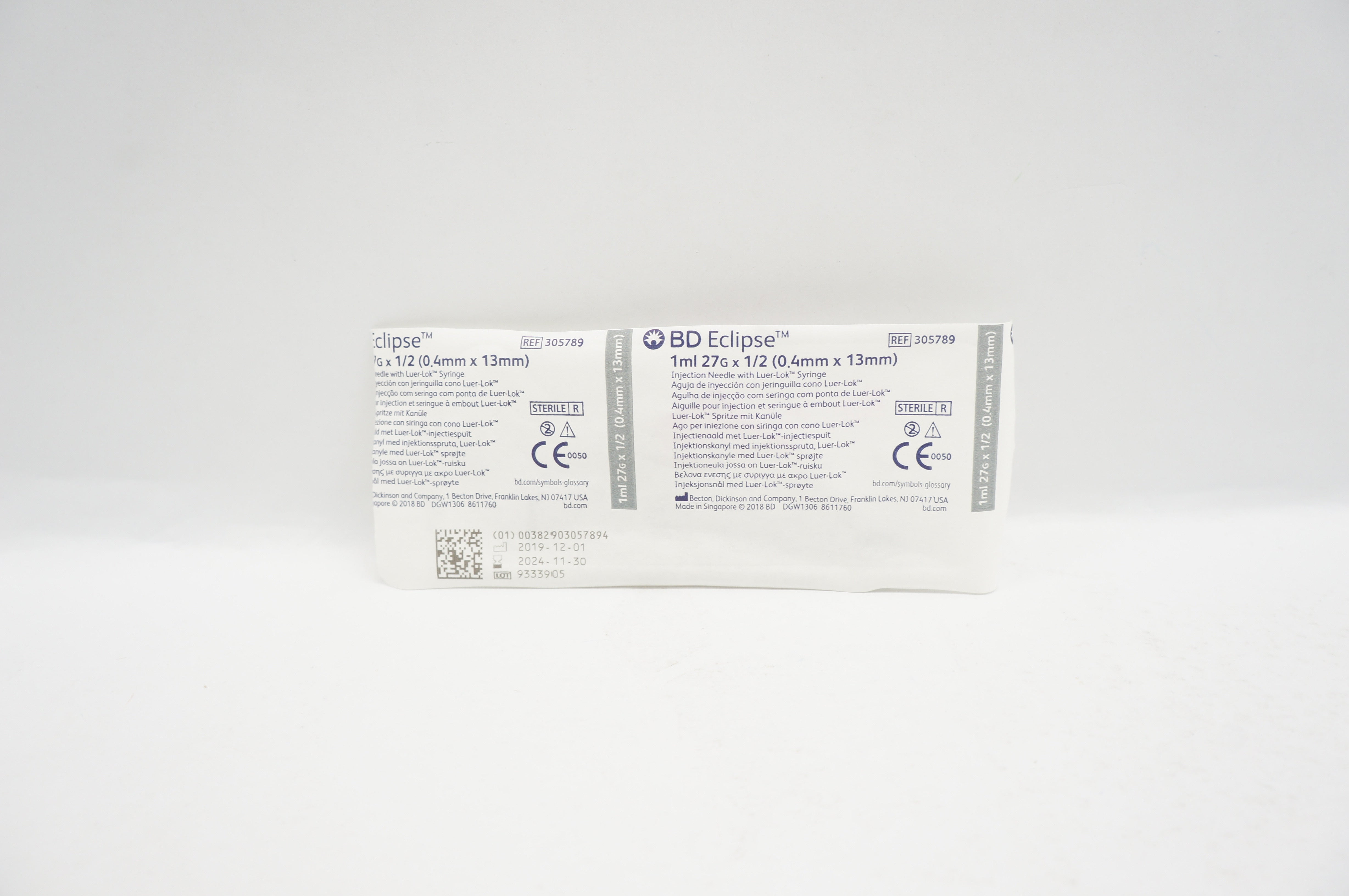 BD 305789 Eclipse Injection Ndle. with Luer-Lok Syringe 1ml 27G x 1/2inch