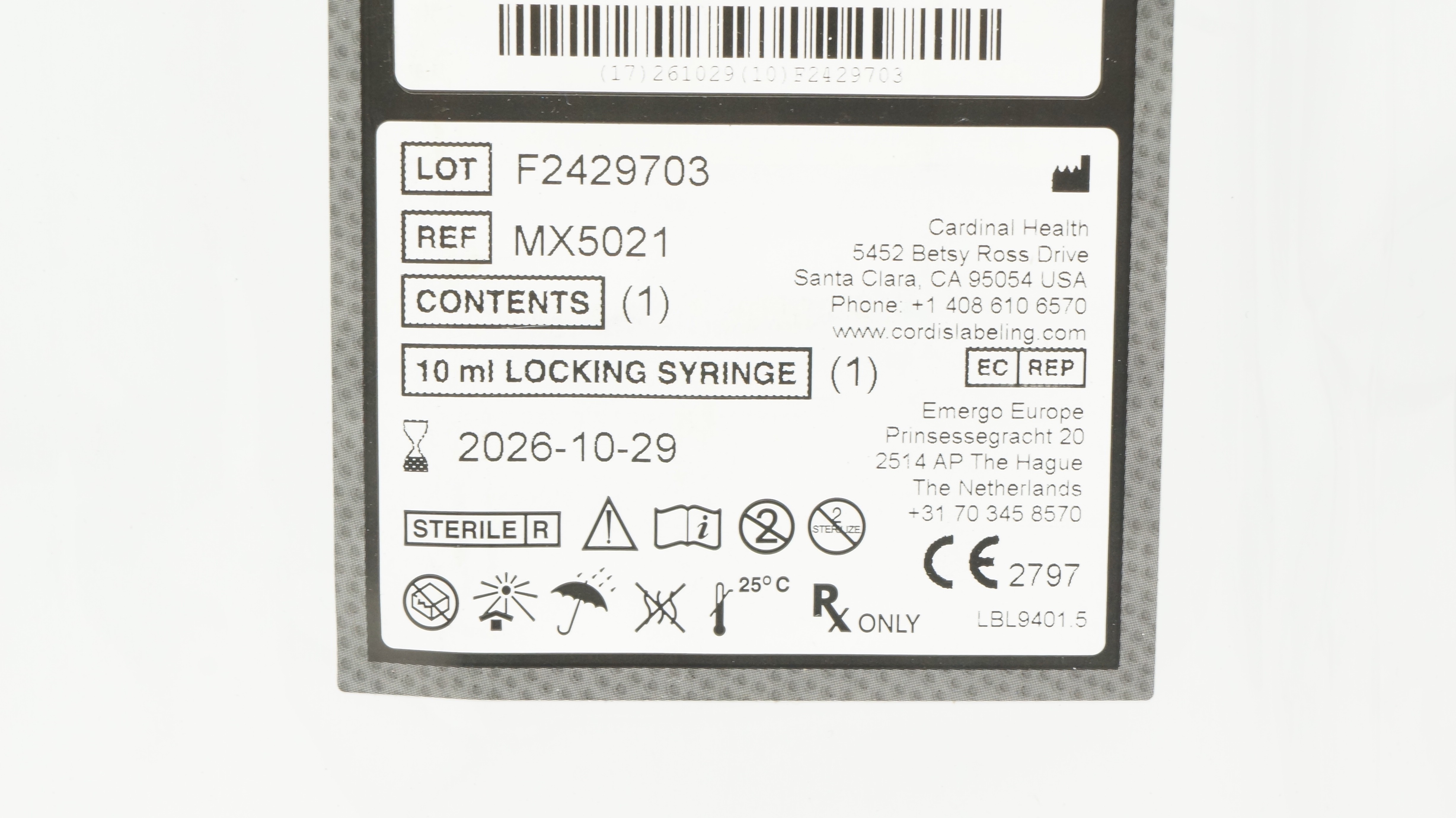 Cardinal Health MX5021 Mynxgrip Vascular Closure Device 5F Locking Syringe 10ml