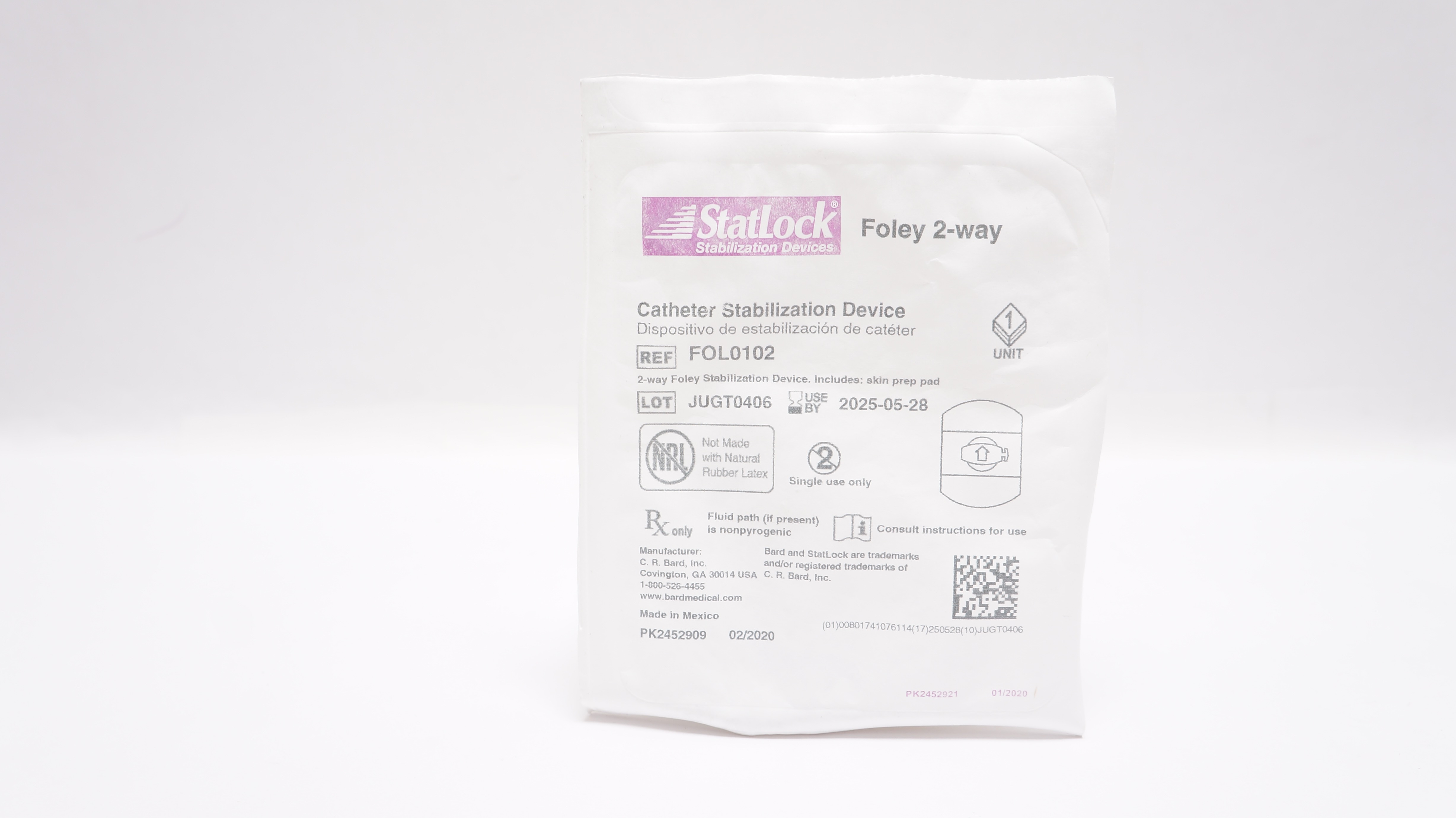 Bard FOL0102 StatLock Cath. Stabilization Device Foley 2-Way