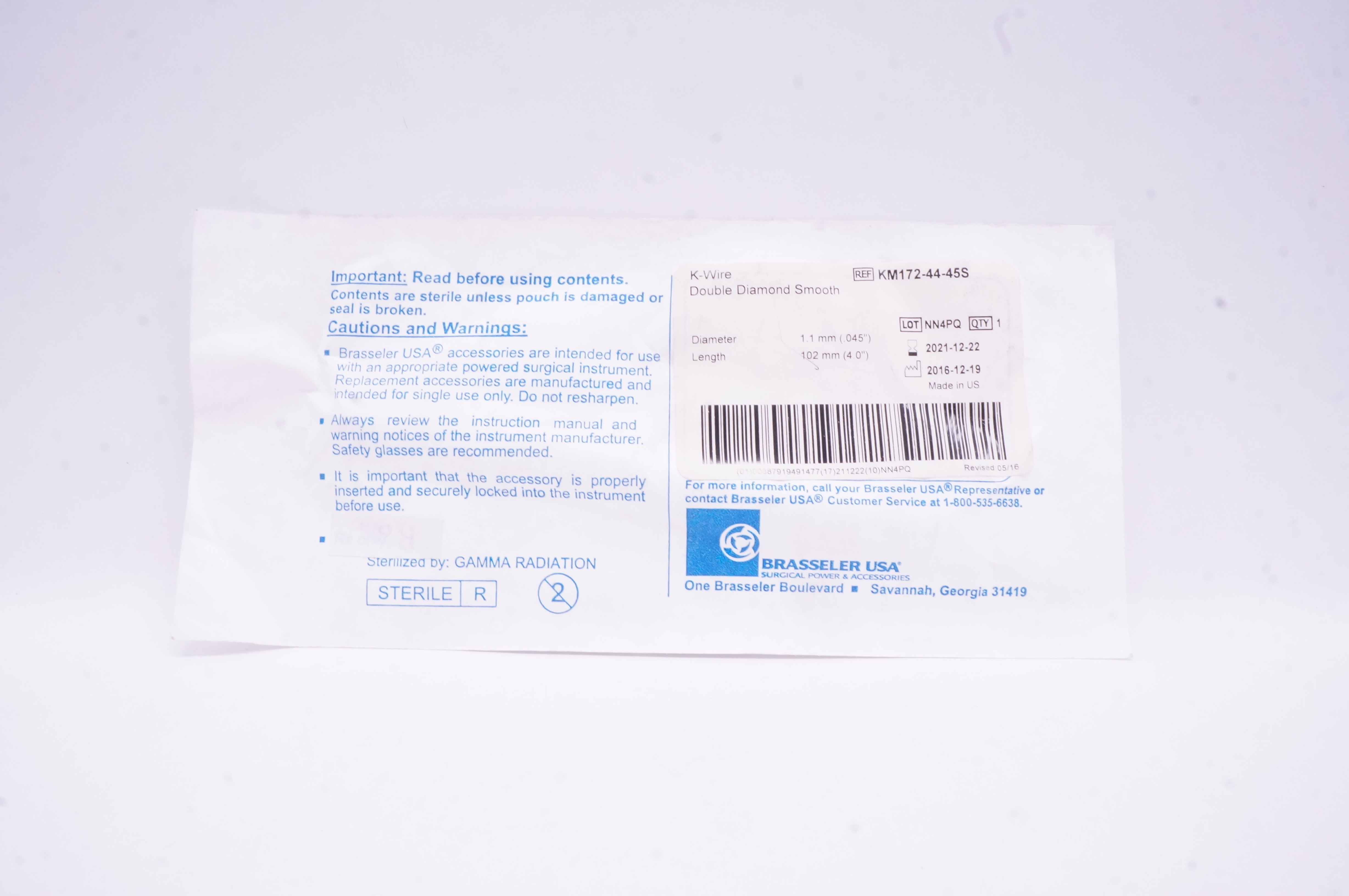 Brasseler KM-172-44-45S K-Wire Double Diamond Smooth .045 inch x 4.0 inch