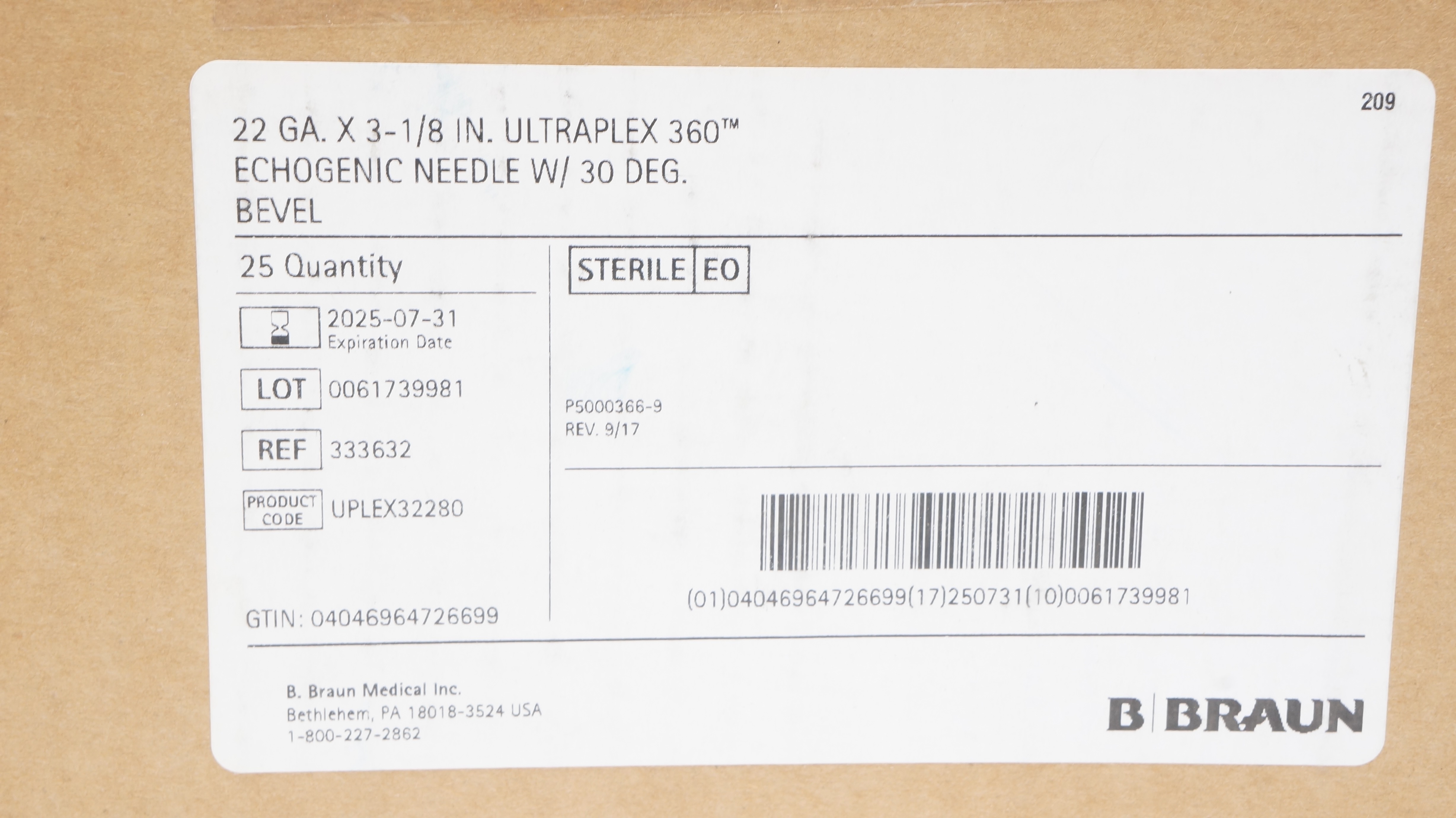 Braun 333632 Ultraplex 360 Echogenic Ndle 22 Ga x 3-1/8inch - Box of 25