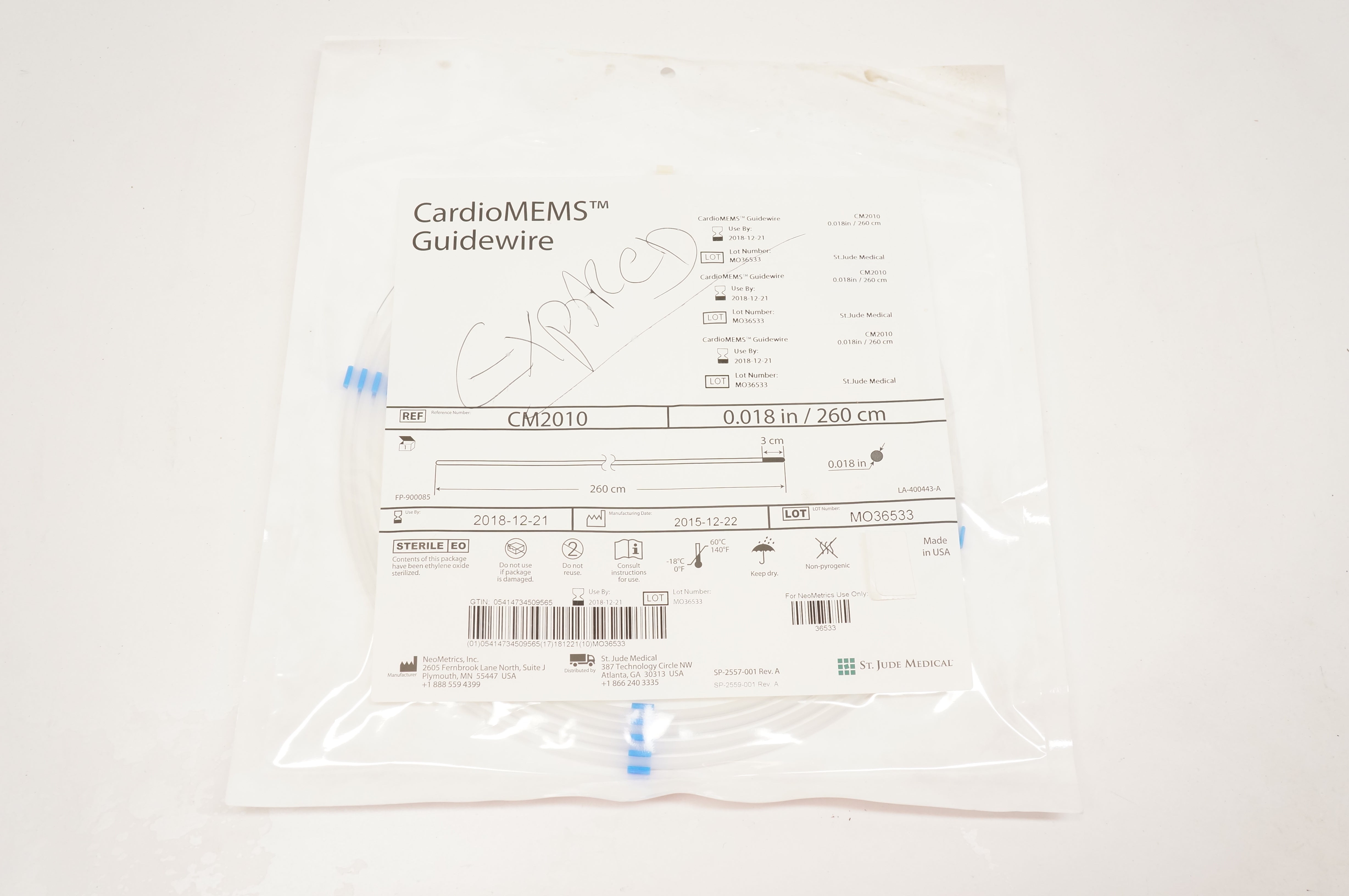 St. Jude Medical CM2010 Cardio MEMS Guidewire 3cm x 260cm (x)