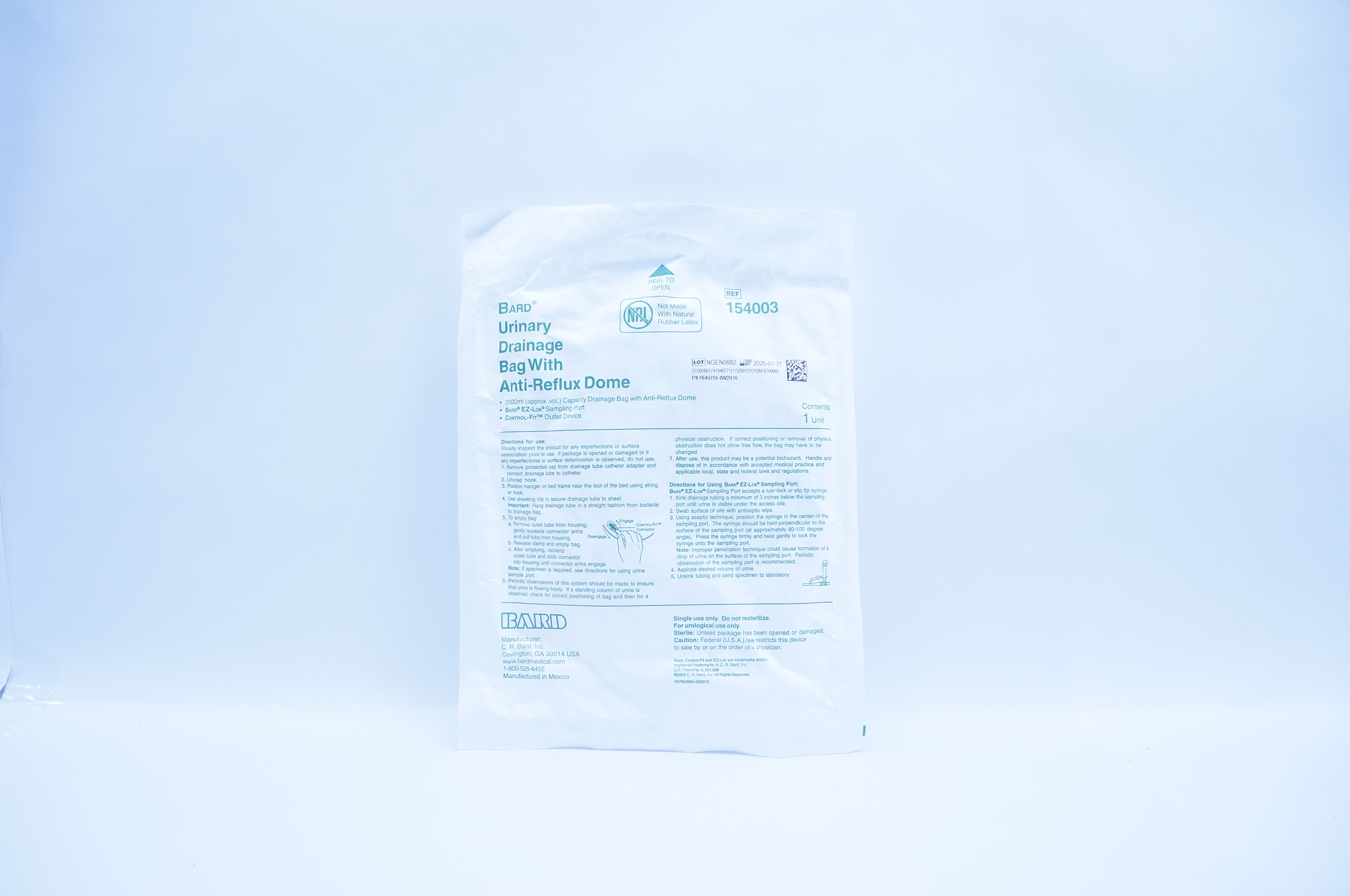 Bard 154003 Urinary Drainage Bag with Anti-Reflux Dome 2000ml
