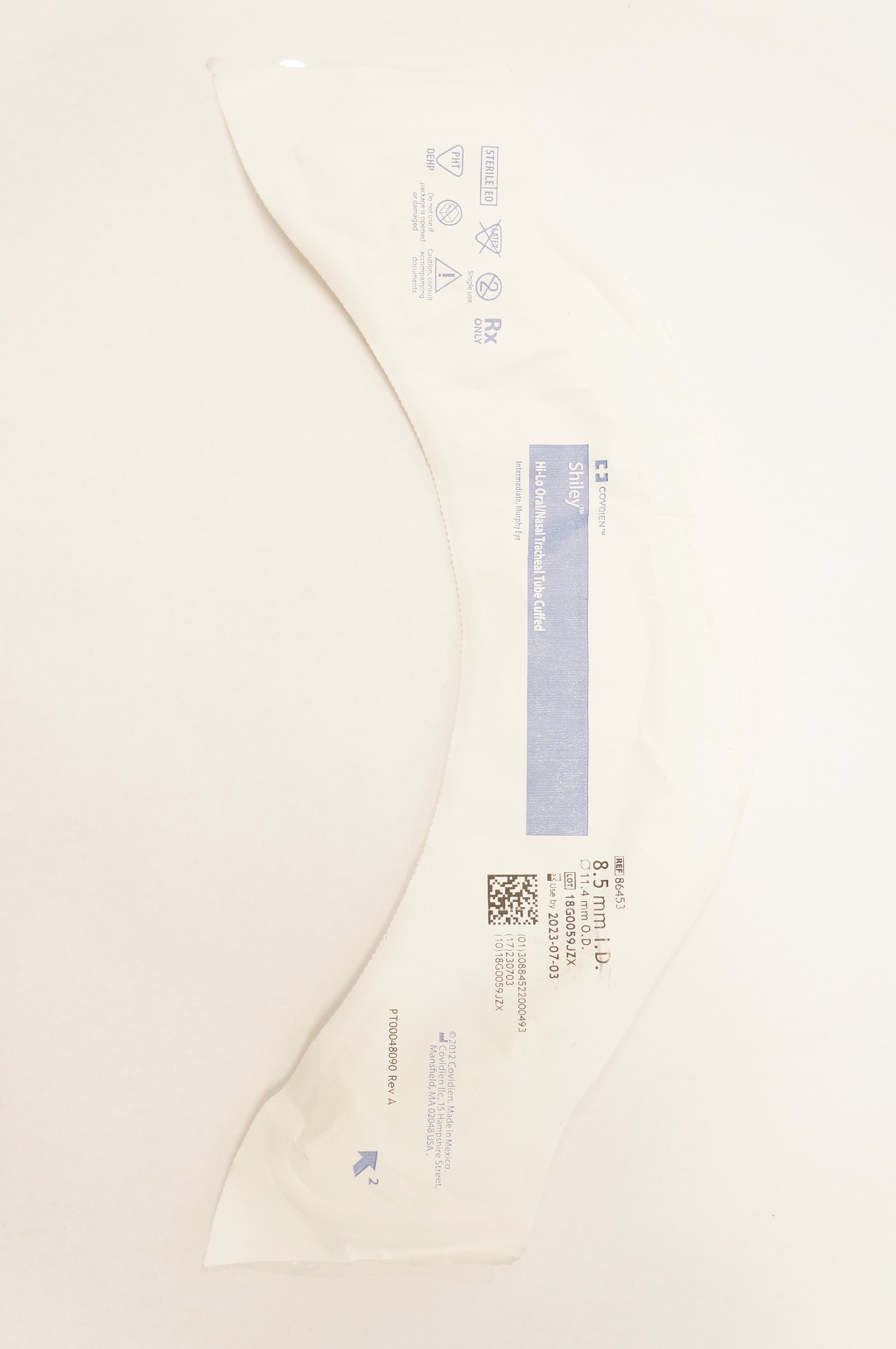 Coviden 86453 Shiley Hi Lo Oral/Nasal Tracheal Tube Cuffed 8.5mm ID x 11.4mm OD
