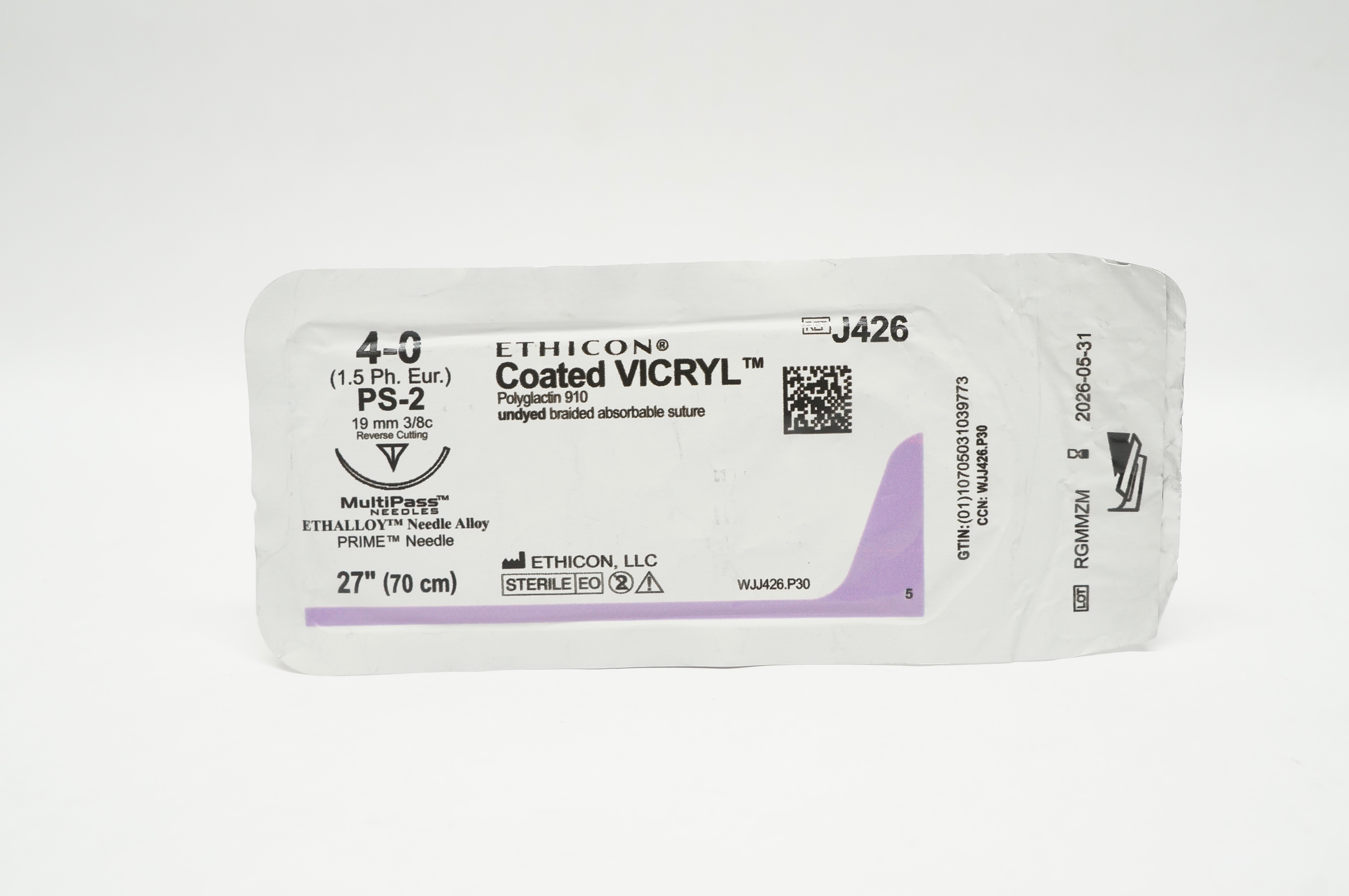 Ethicon J426 4-0 Coated VICRYL PS-2 19mm 3/8c Reverse Cutting, 27inch