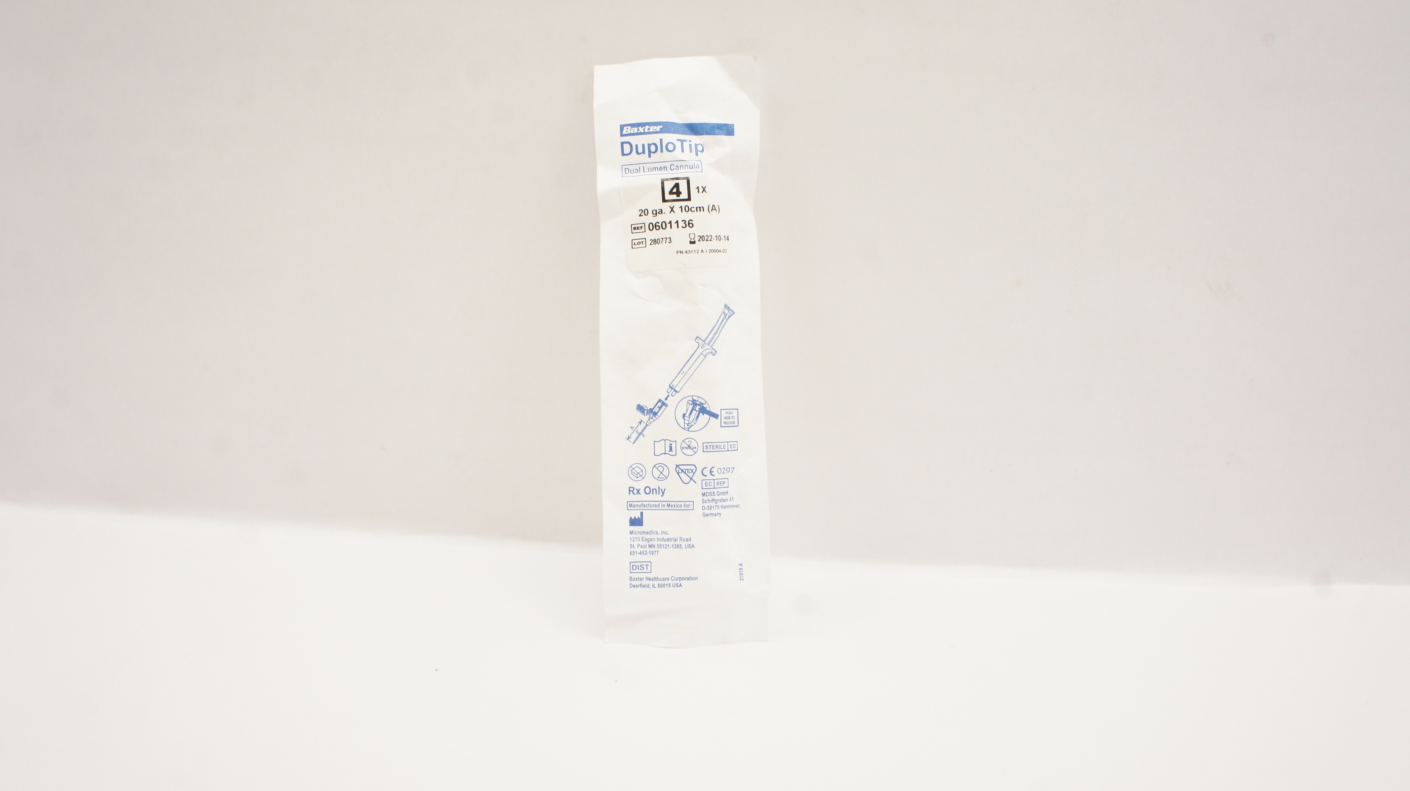 Baxter 0601136 DuploTip Dual Lumen Cannula 20 ga. x 10cm