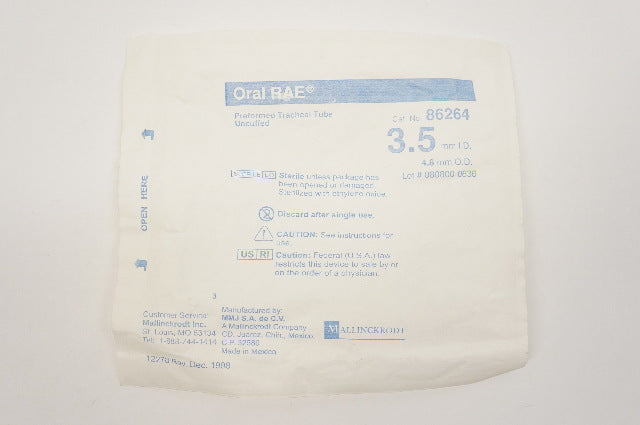 Mallinckrodt 86264 Oral RAE Preformed Tracheal Tube Uncuffed, 3.5mm x 4.8mm