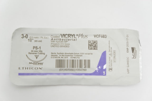Ethicon VCP683 3-0 Coated Vicryl Plus, PS-1, 24mm 3/8c Reverse Cutting, 18inch