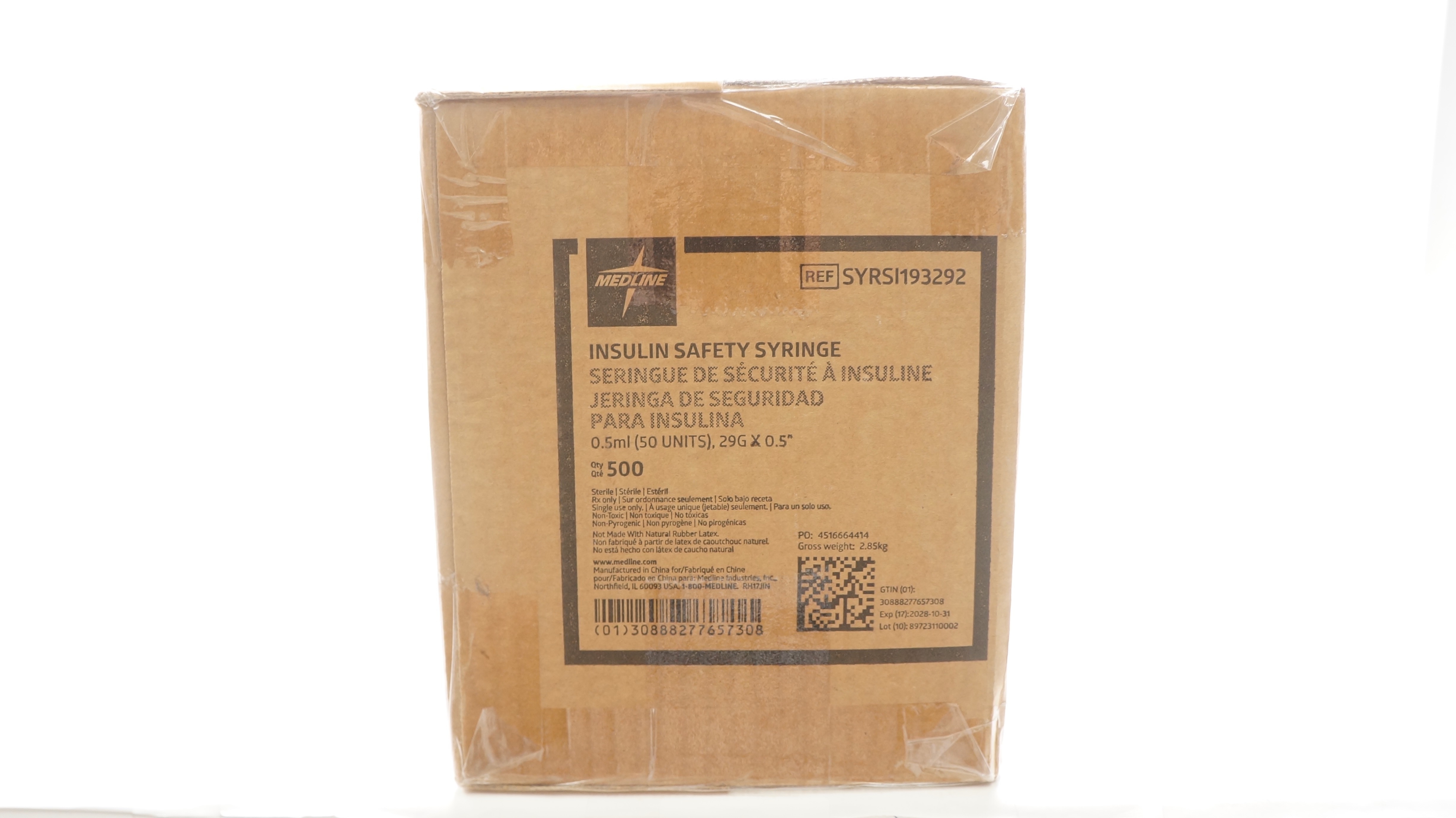 Medline SYRSI193292 Insulin Safety Syringe 0.5ml, 29G x 0.5in- Box of 500
