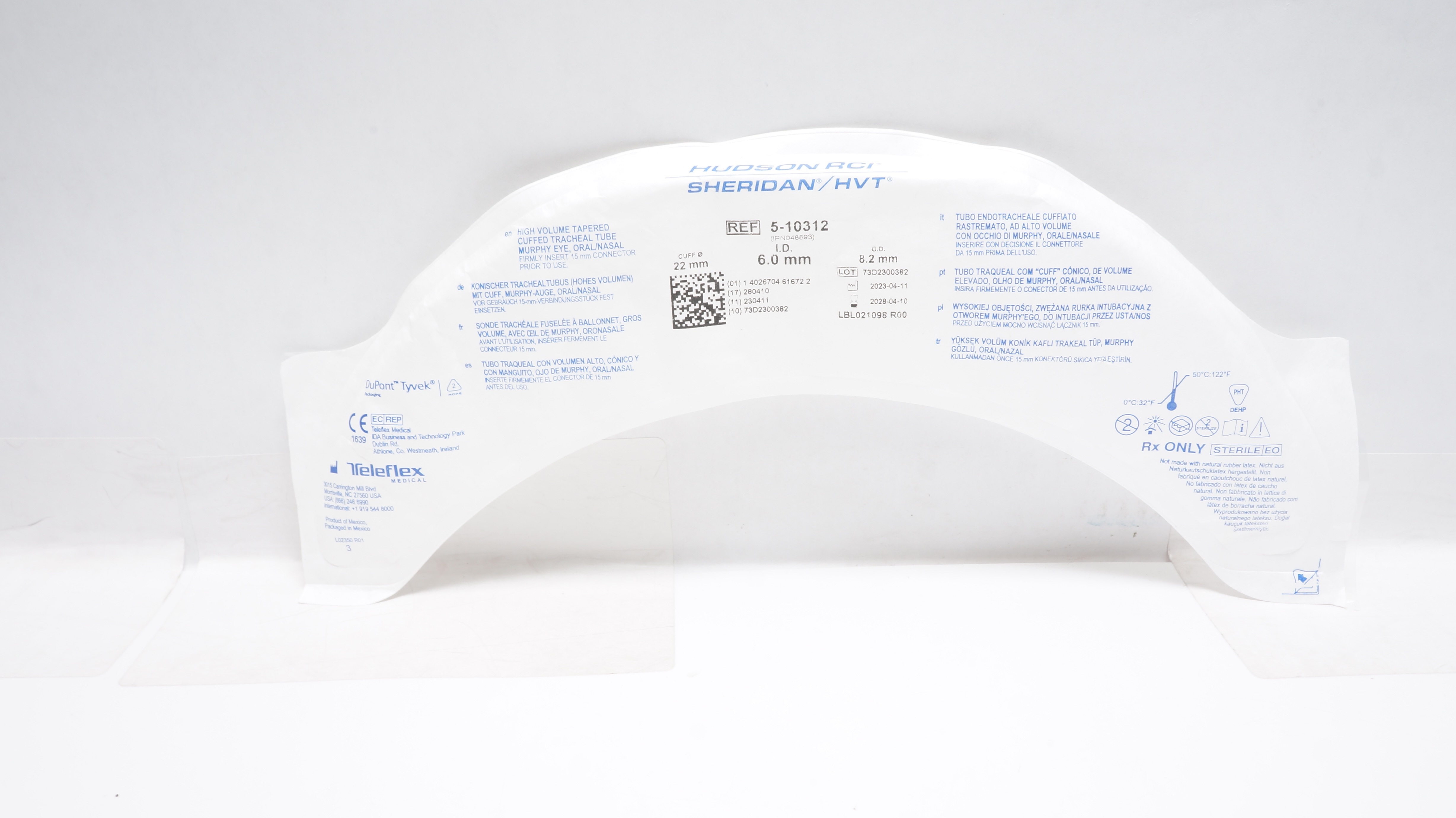 Teleflex 5-10312 Hudson RCI Sheridan HVT Tracheal Tube 6.0mmID x 8.2mmOD x 22mm