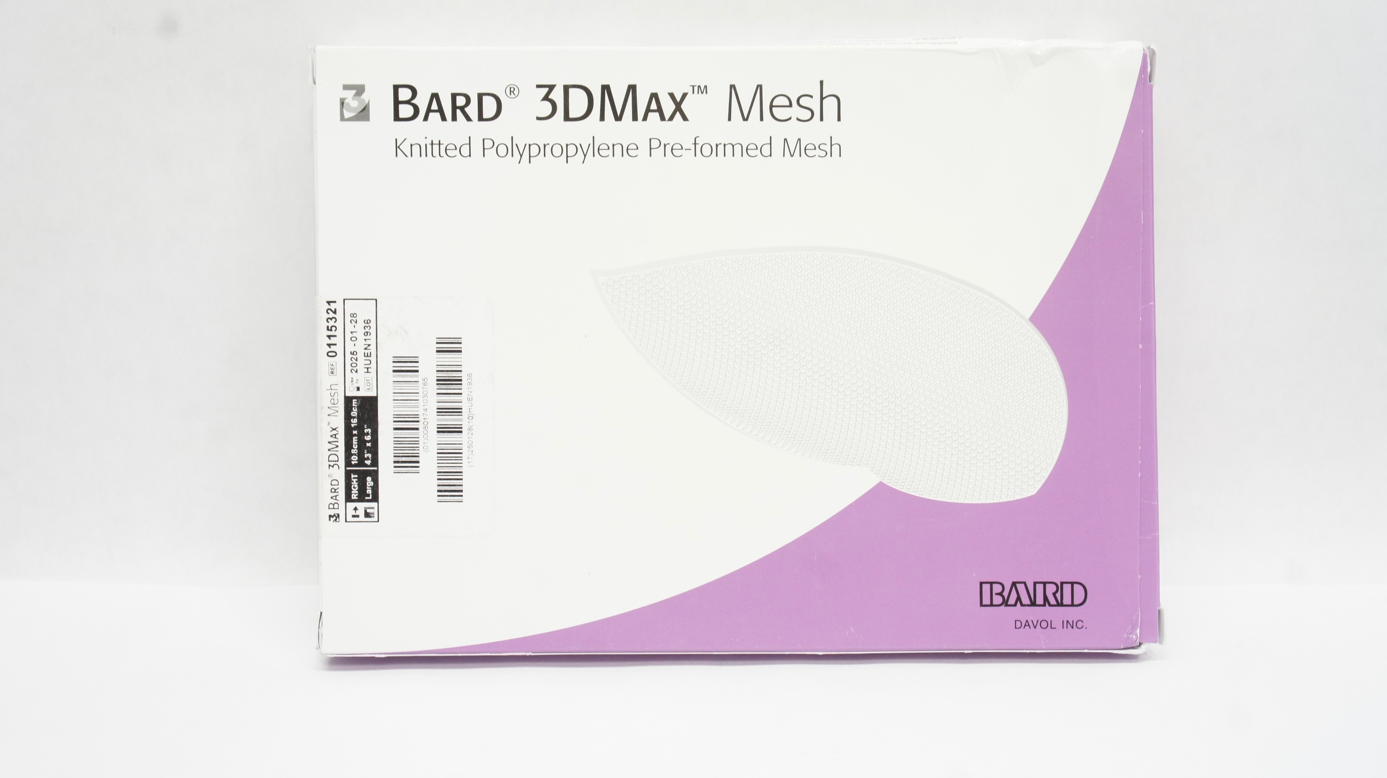 Bard 0115321 3DMax Knitted Polypropylene Pre-formed Mesh Right,L,4.3 x 6.3in.