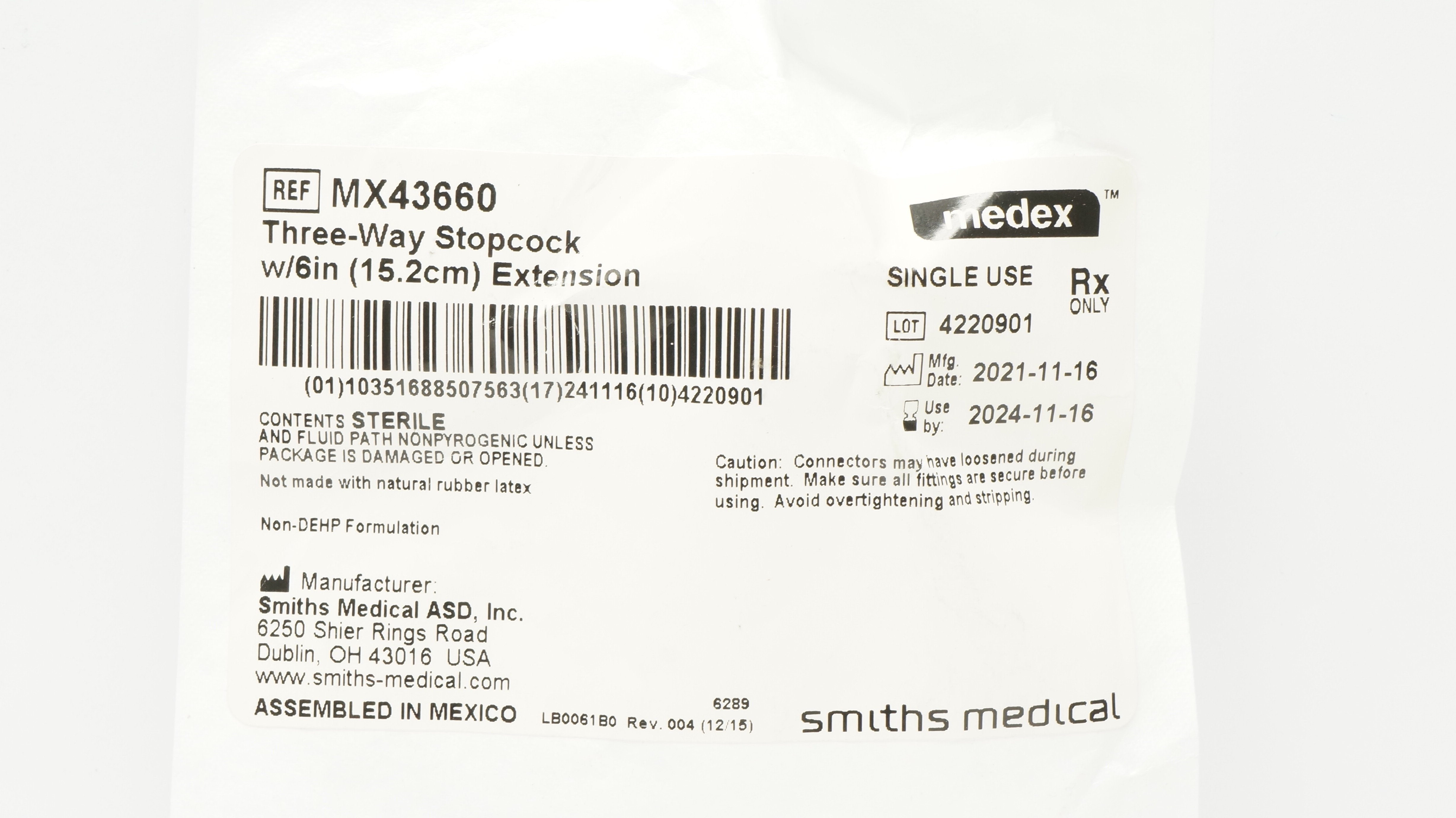 Smiths Medical MX43660 Medex Three-Way Stopcock W/6inch Extension (x)