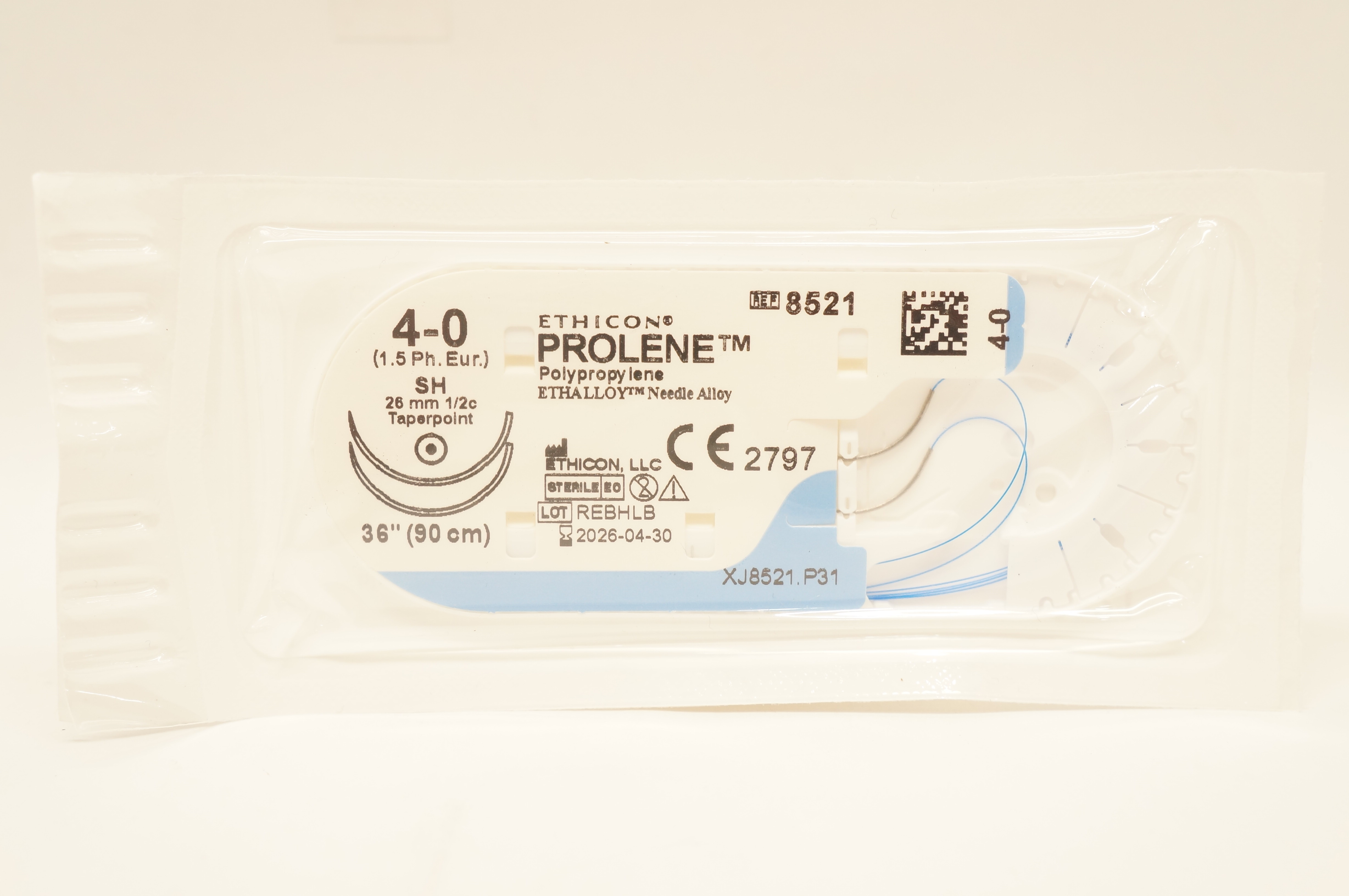 Ethicon 8521 4-0 Prolene Polypropylene Stre SH 26mm 1/2c Taperpoint, 36 inch