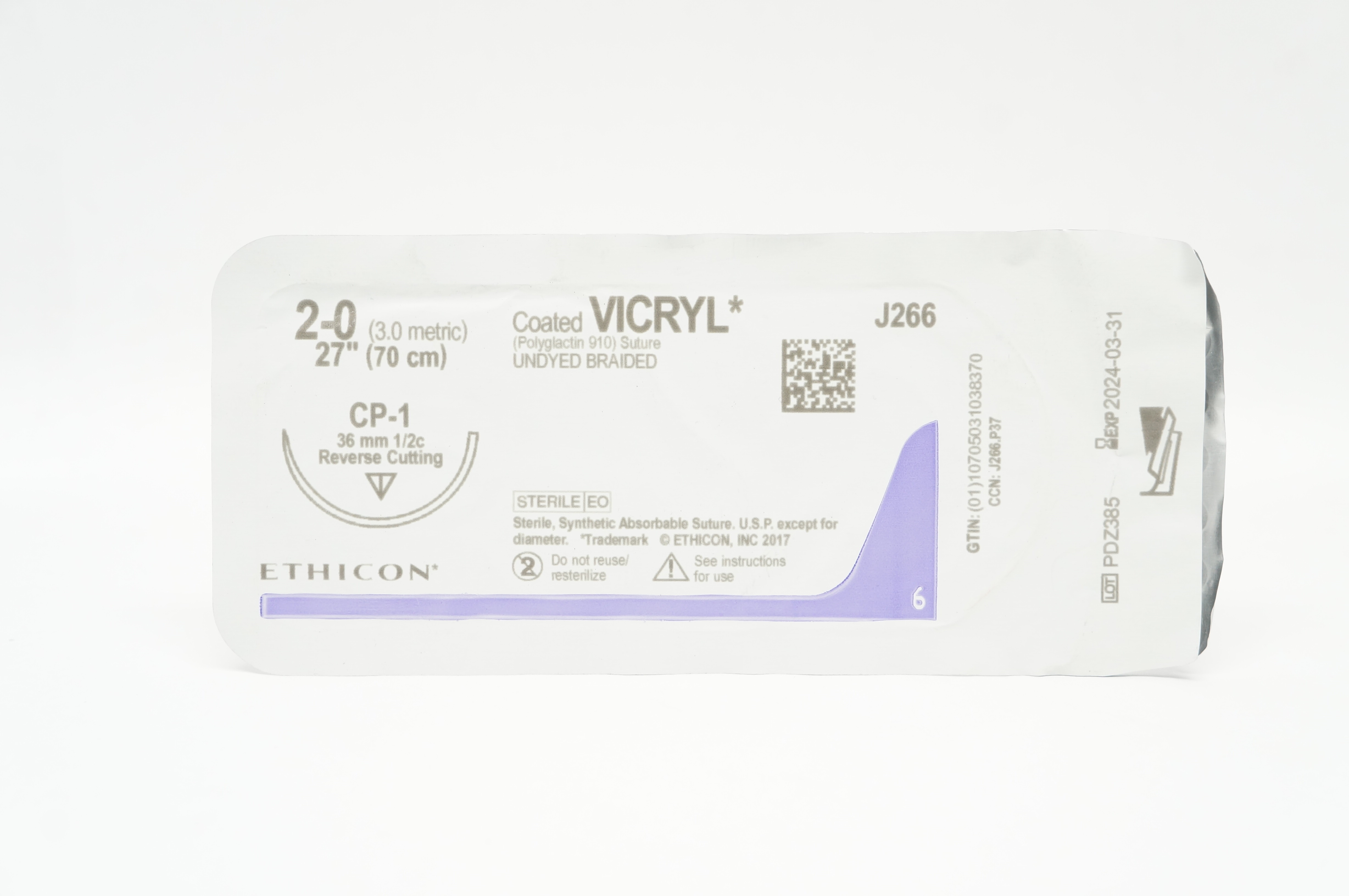 Ethicon J266 2-0 VICRYL CP-1 36mm 1/2c Reverse Cutting 27inch
