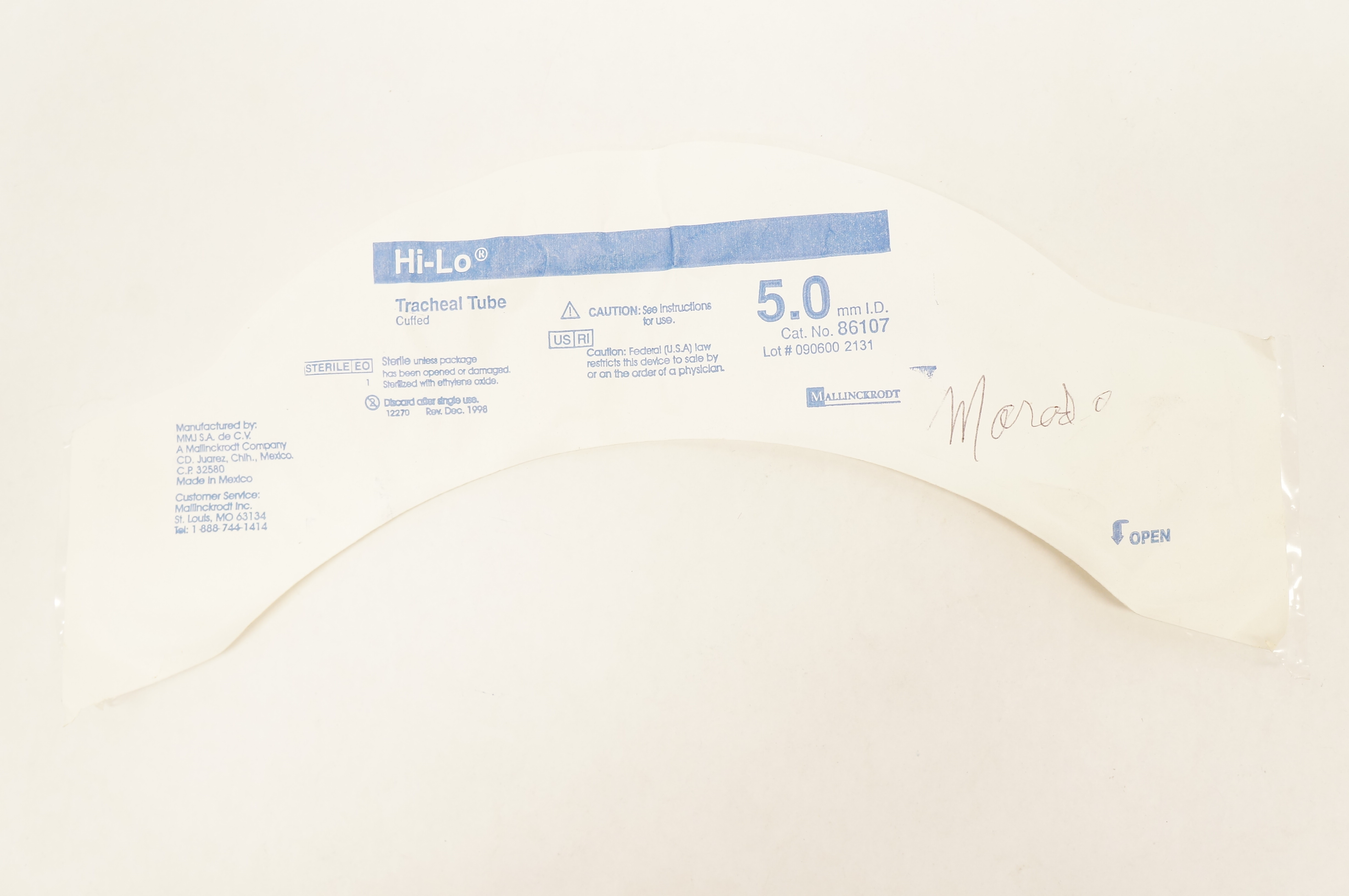 Mallinckrodt 86107 Hi-Lo Tracheal Tube Cuffed 5.0mm ID