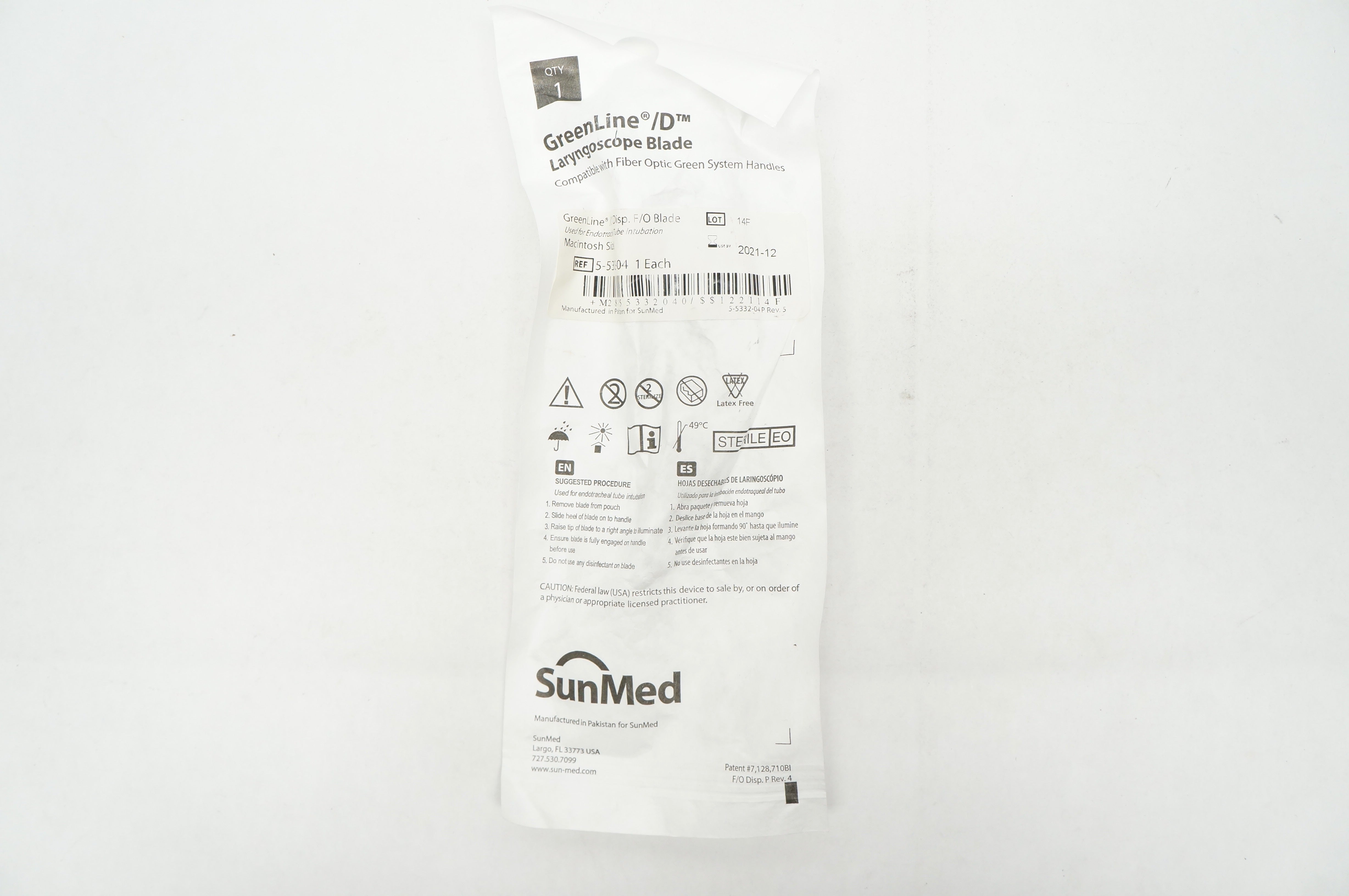 SunMed 5533204 GreenLine D Fiber Optic Laryngoscope Macintosh Size 4 (x)