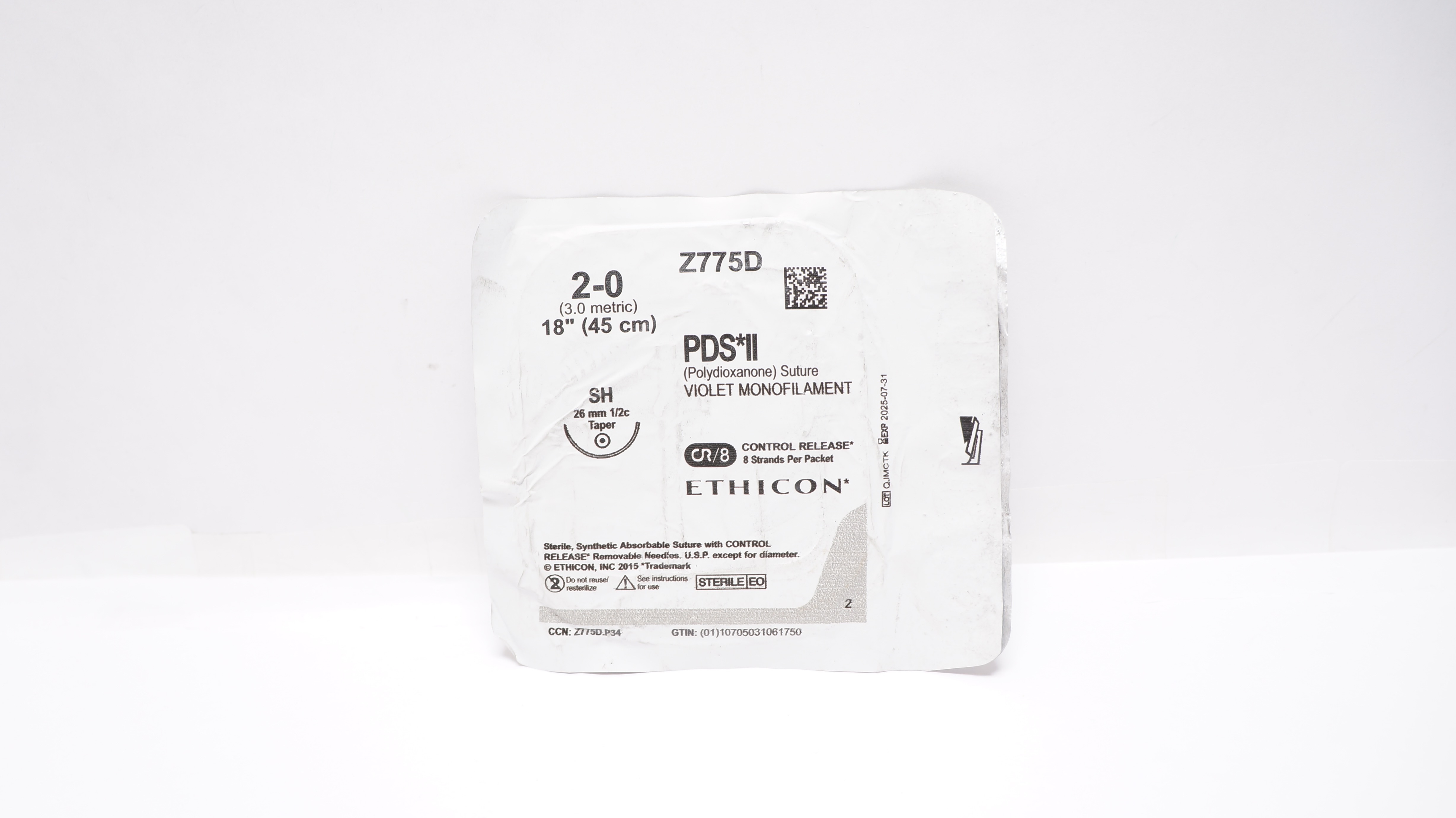 Ethicon Z775D 2-0 PDS II Polydioxanone Stre SH 26mm 1/2c Taper, 18inch CR/8
