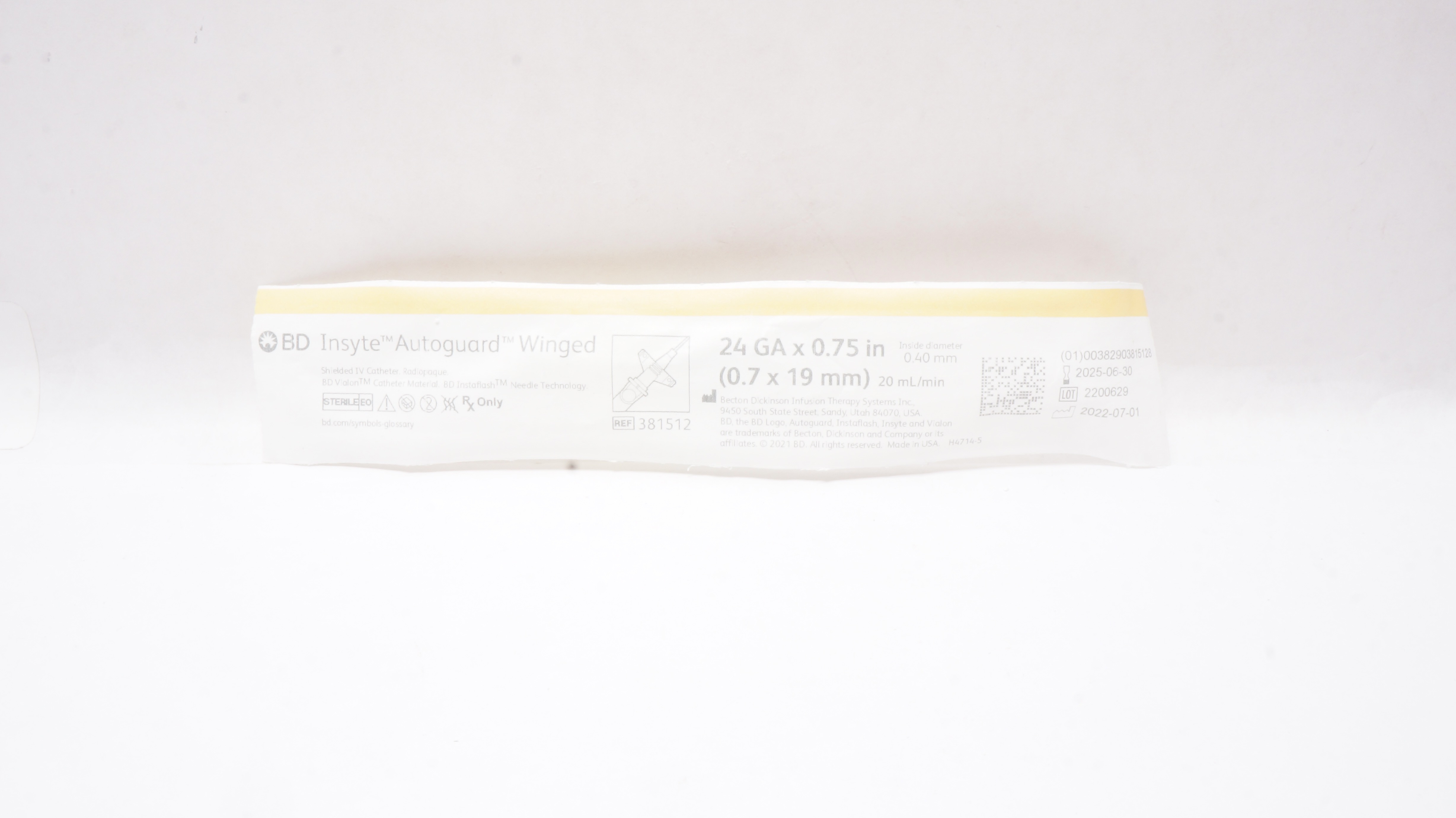 BD 381512 Insyte Winged Shielded IV Cath. 24GA x 0.75inch 20ml/min