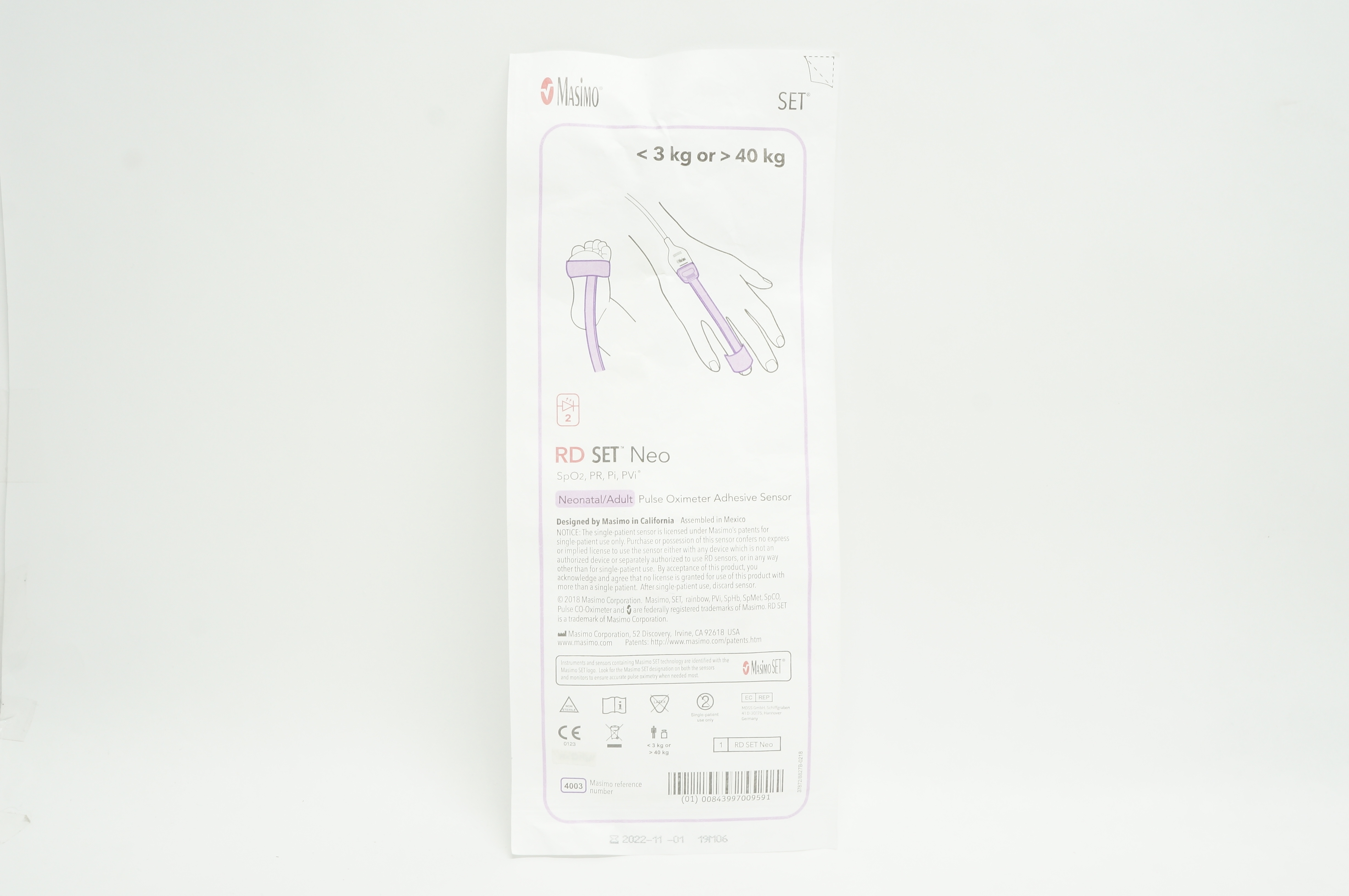 Masimo 4003 RD SET Neonatal/Adult Pulse Oximeter Adhesive Sensor <3kg or>40kg(x)
