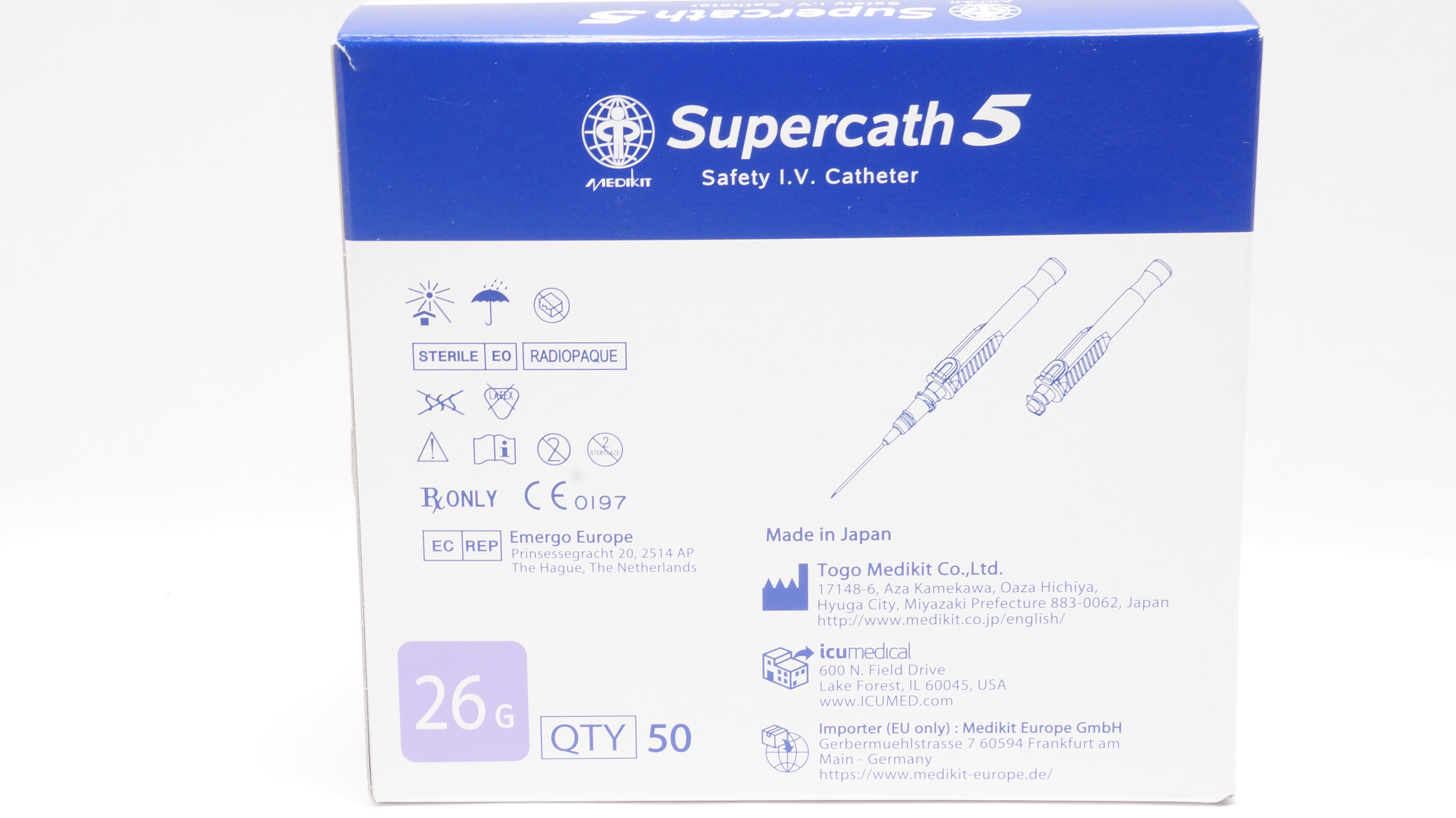 ICU Medical SP125-26-14T Supercath 5 Safety I.V. Cath. 26G x 0.56