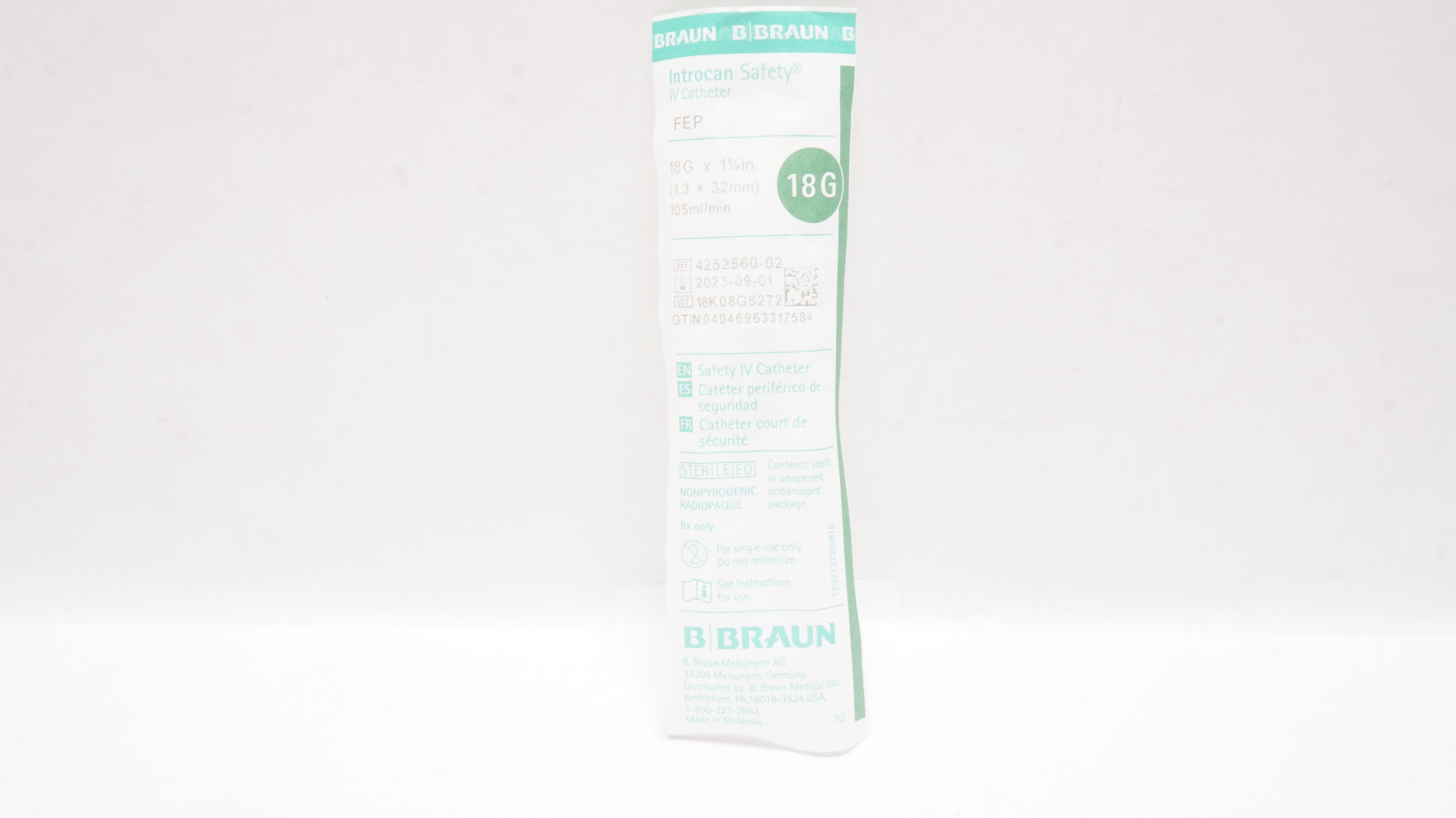 Braun 4252560-02 Introcan Safety FEP IV Cath. 18G x 1 1/4inch 105ml/min