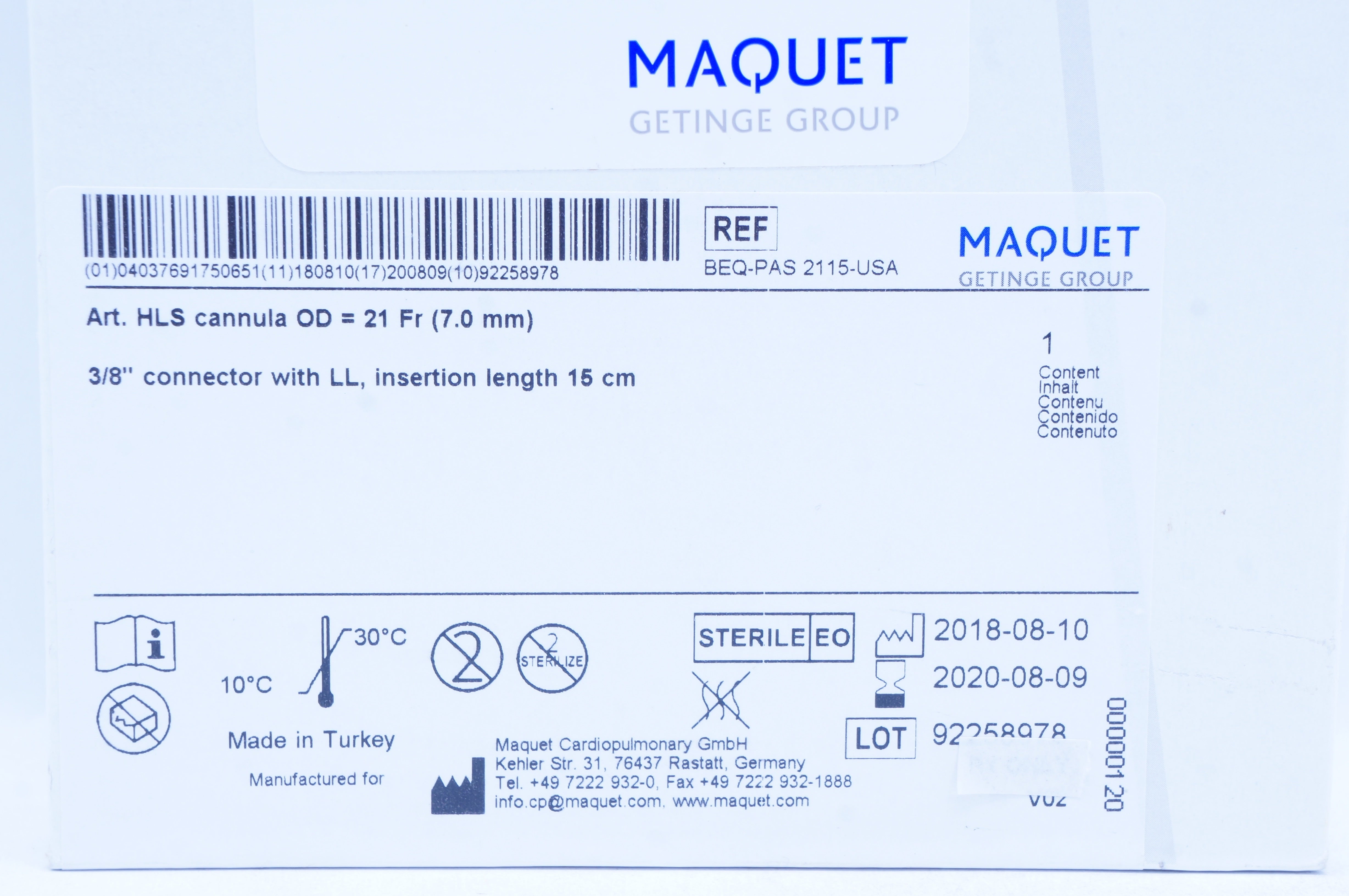 Maquet BEQ-PAS 2215-USA Arterial HLS Cannula 21 Fr.,3/8in. Connector w/LL  (x)