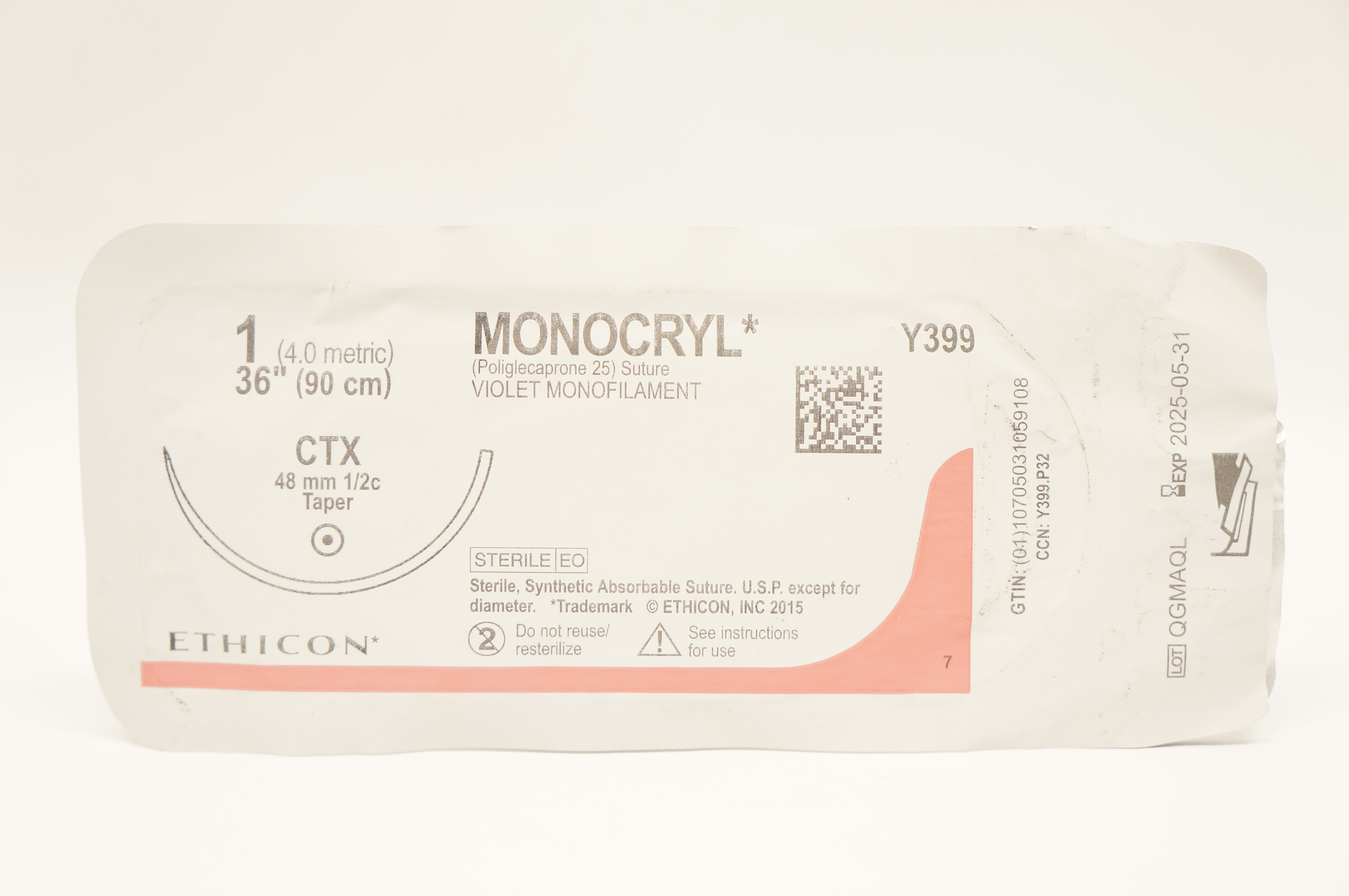 Ethicon Y399 1 MONOCRYL, CTX, 48mm 1/2c Taper, 36inch