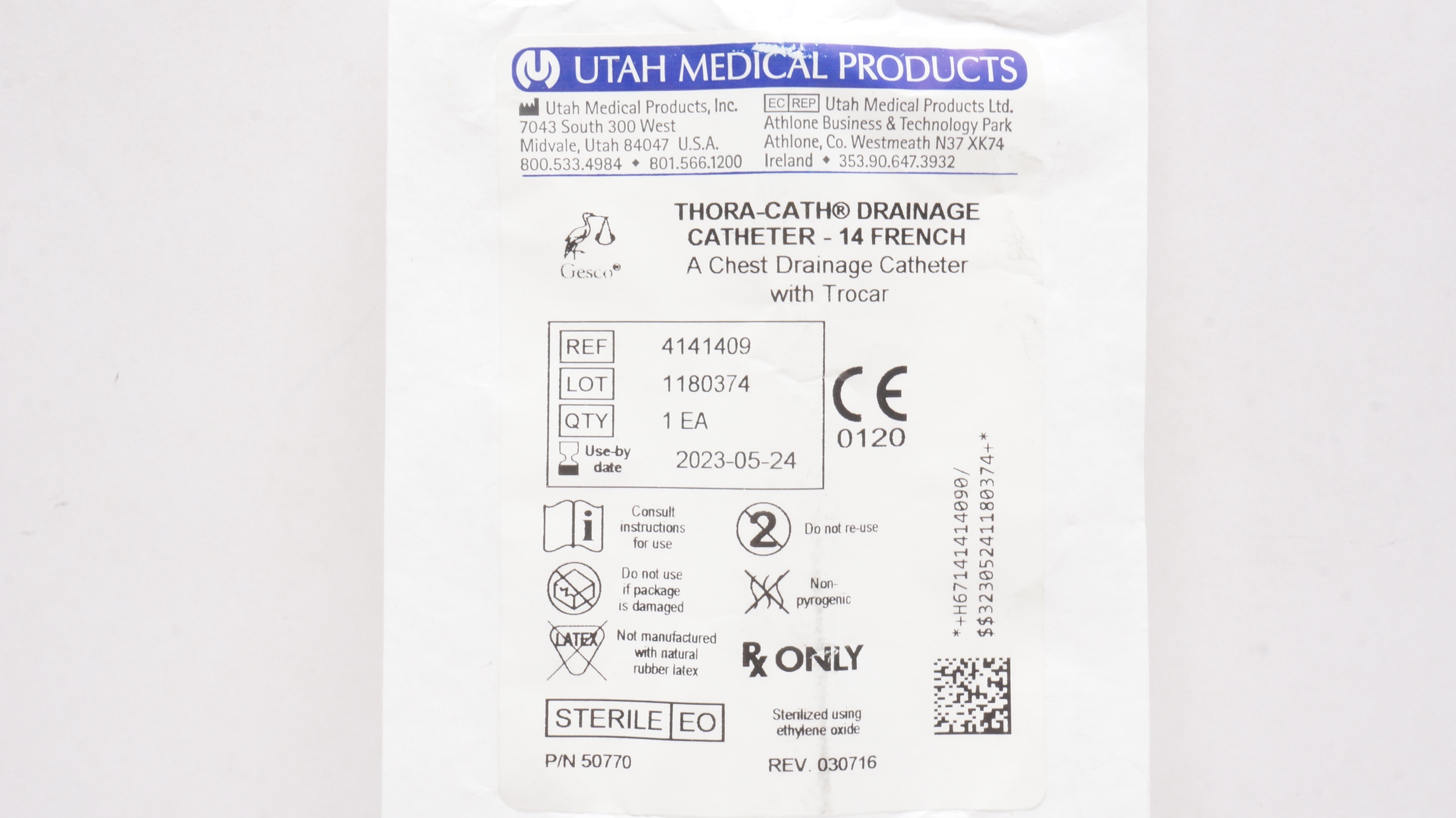 Utah Medical 4141409 Thora-Cath Chest Drainage Cath. w/Trocar, 14 Fr (x)