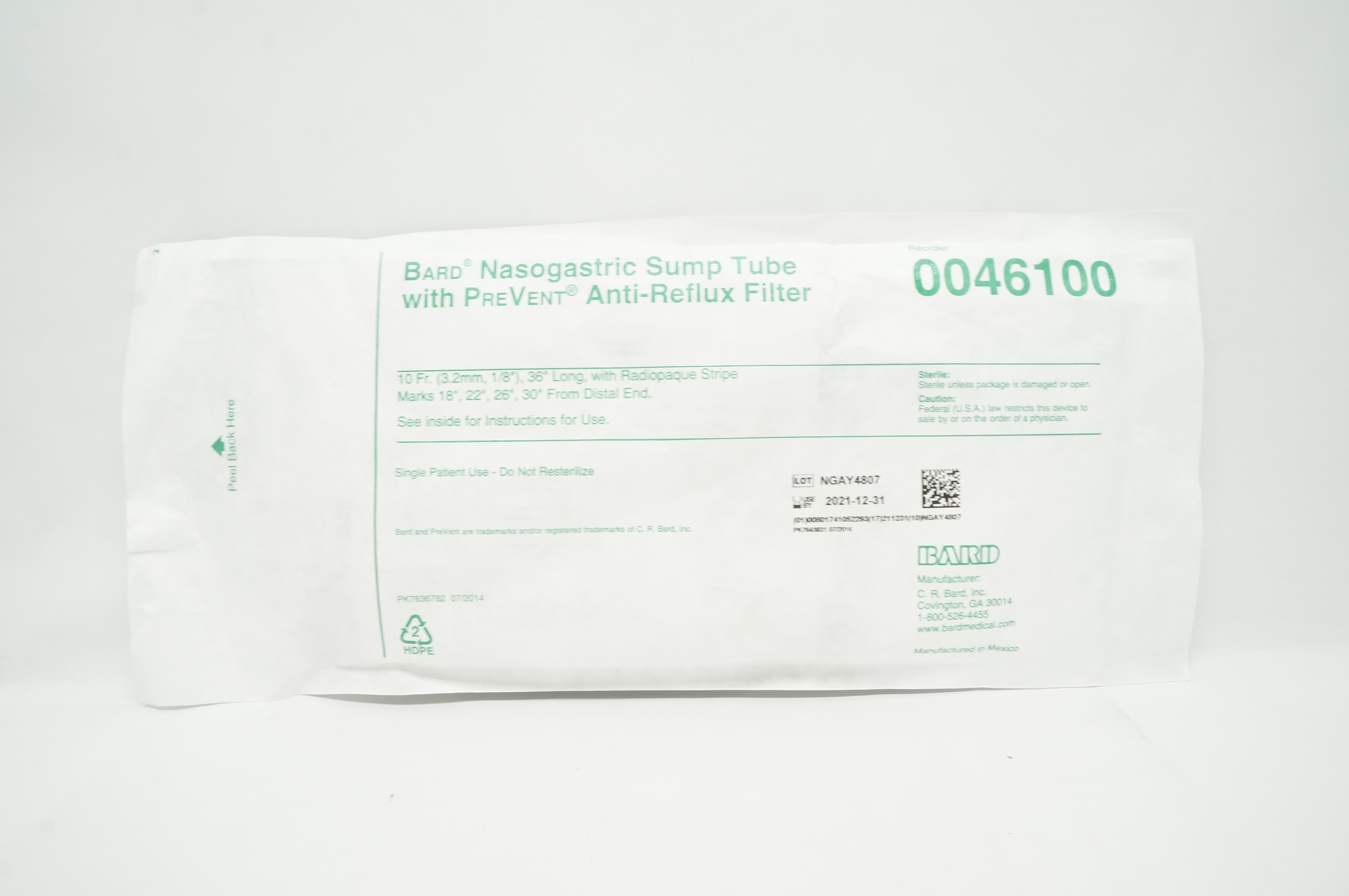Bard 0046100 Nasogastric Sump Tube with PreVent Anti-Reflux Filter 10Fr x 36inch