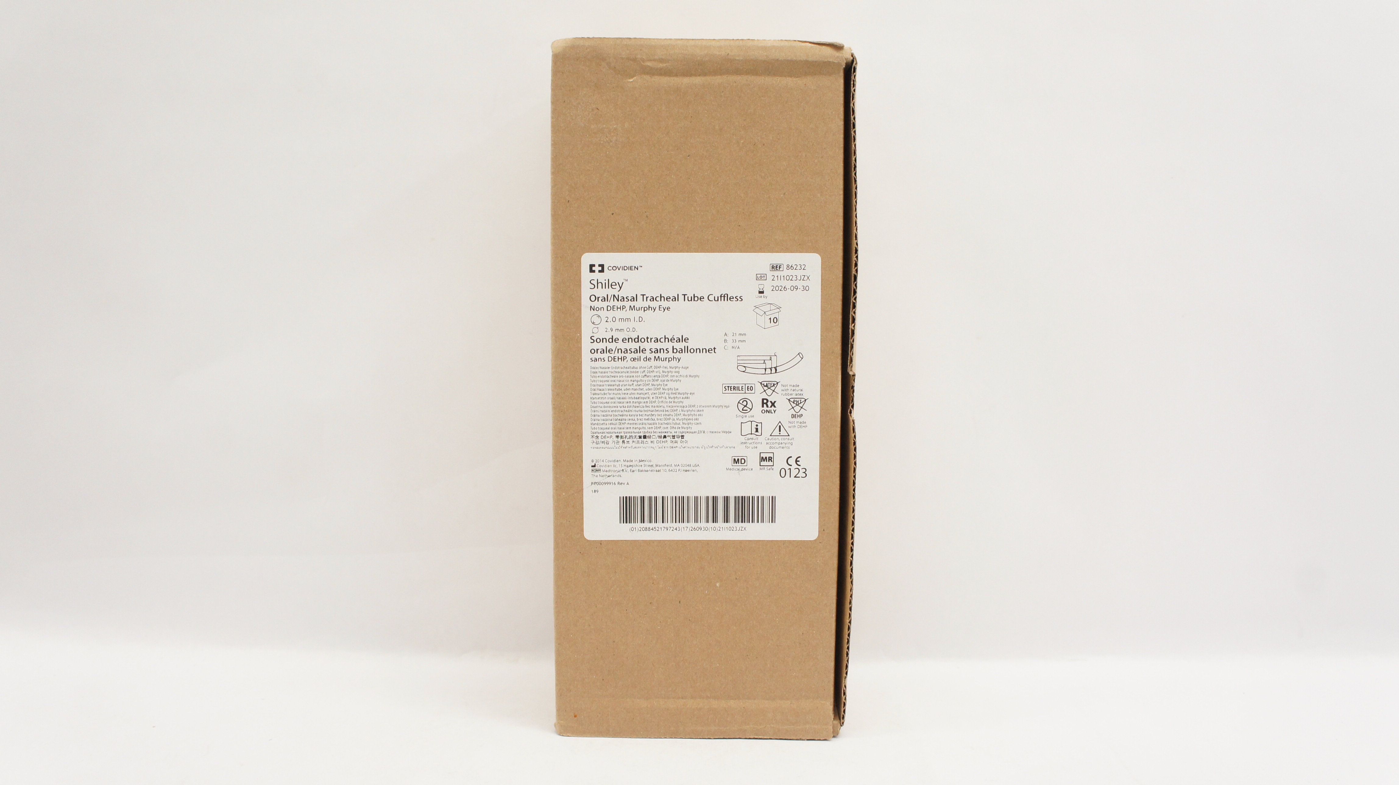 Covidien 86232 Shiley Oral/Nasal Endotracheal Tubes Cuffless 2.0x2.9mm-Box of 10