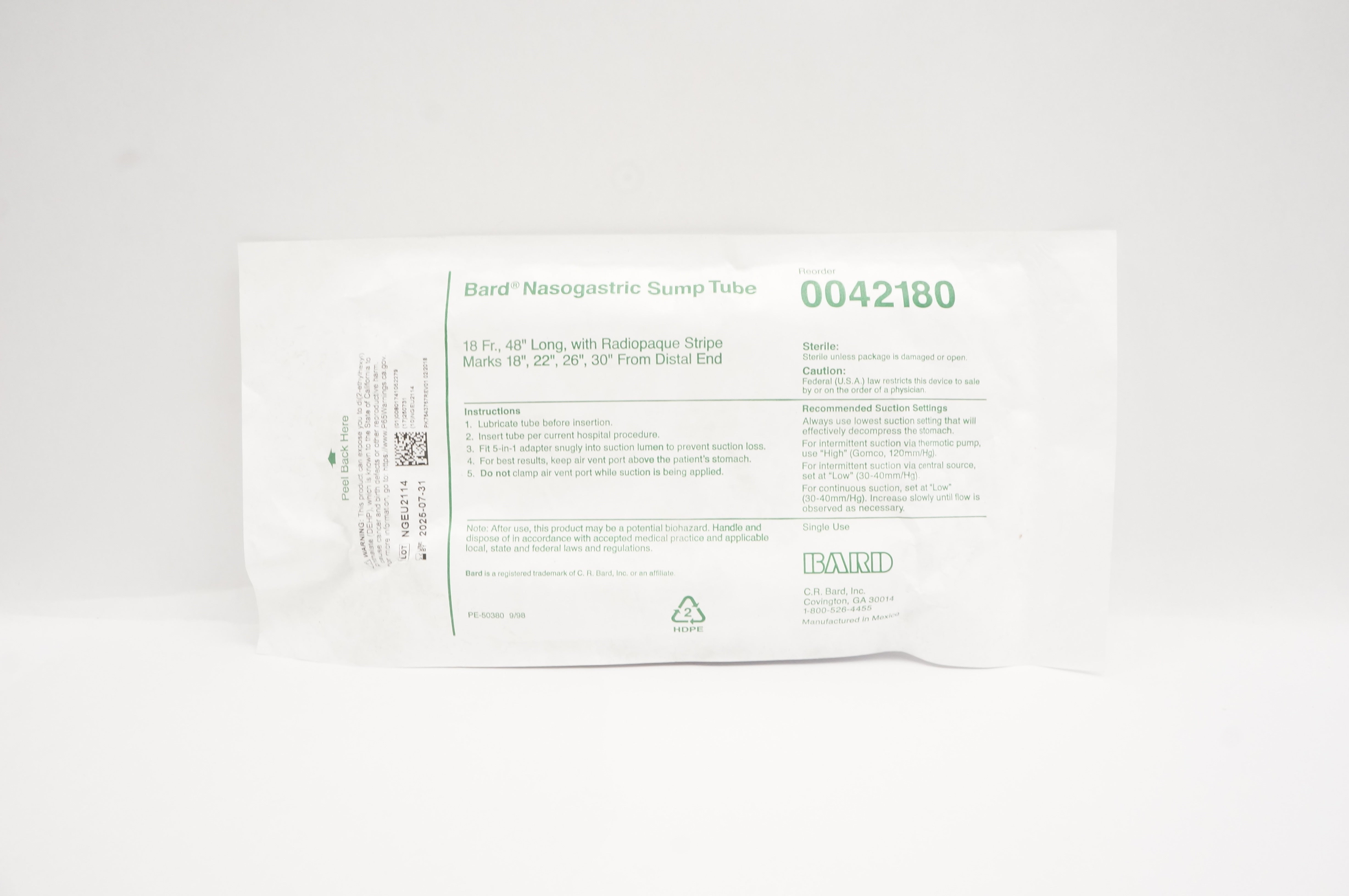 Bard 0042180 Nasogastric Sump Tube 18Fr. 48inch Long
