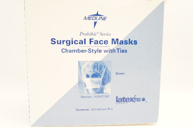 Medline NON27382 Surgical Face Masks Chamber-Style with Ties Green - Box of 50