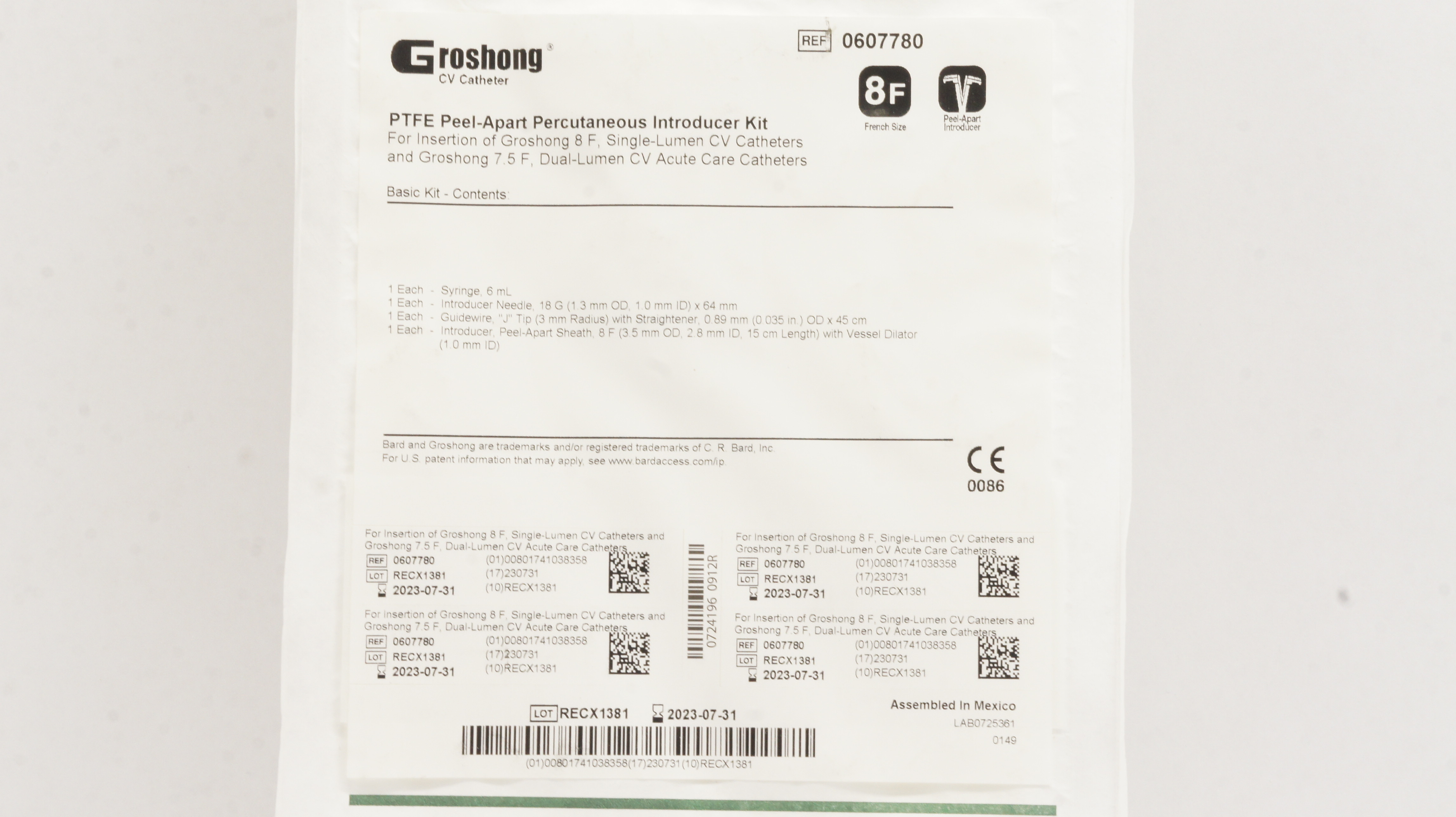 Bard 0607780 Groshong PTFE Peel-Apart Percutaneous Introducer Kit 8F