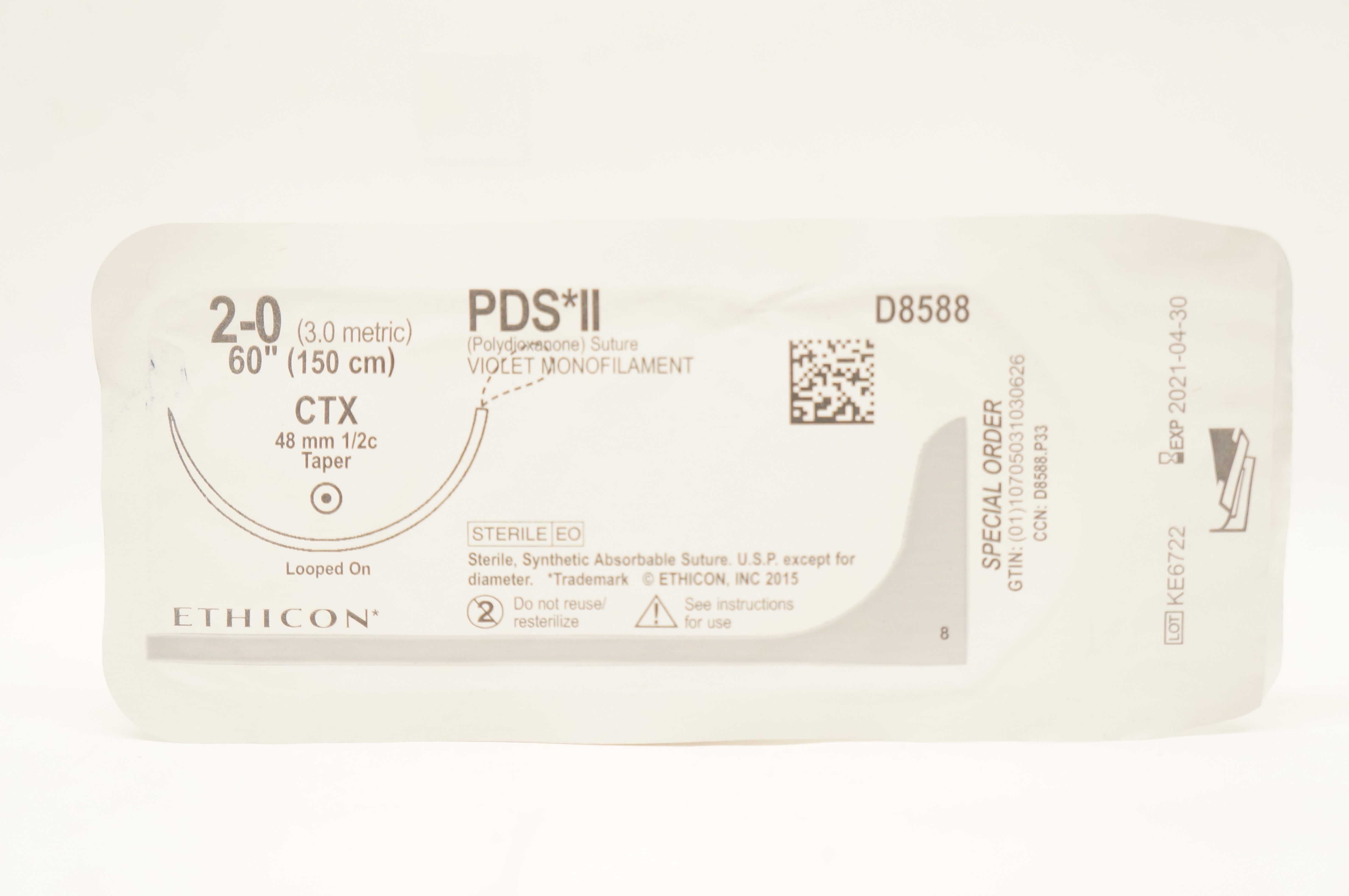 Ethicon D8588 2-0 PDS*II Violet Monofilament CTX 48mm 1/2c Taper 60inch (x)