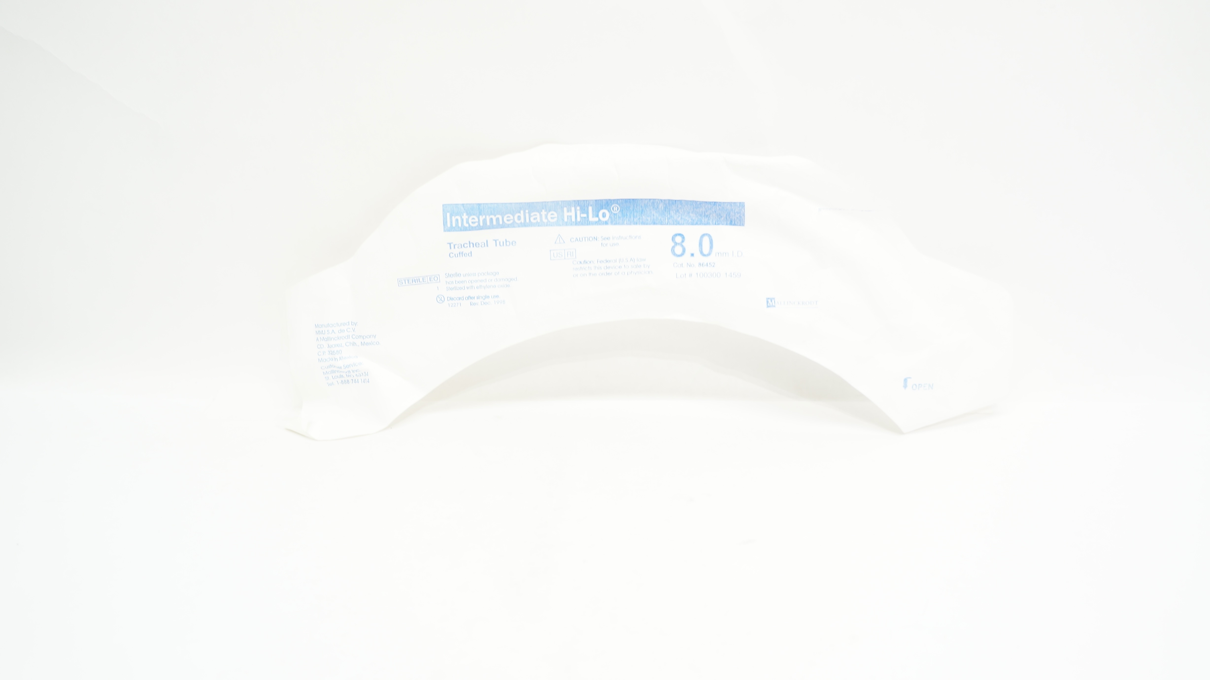 Mallinckrodt 86452 Intermediate Hi-Lo Tracheal Tube Cuffed 8.0 mm I.D.