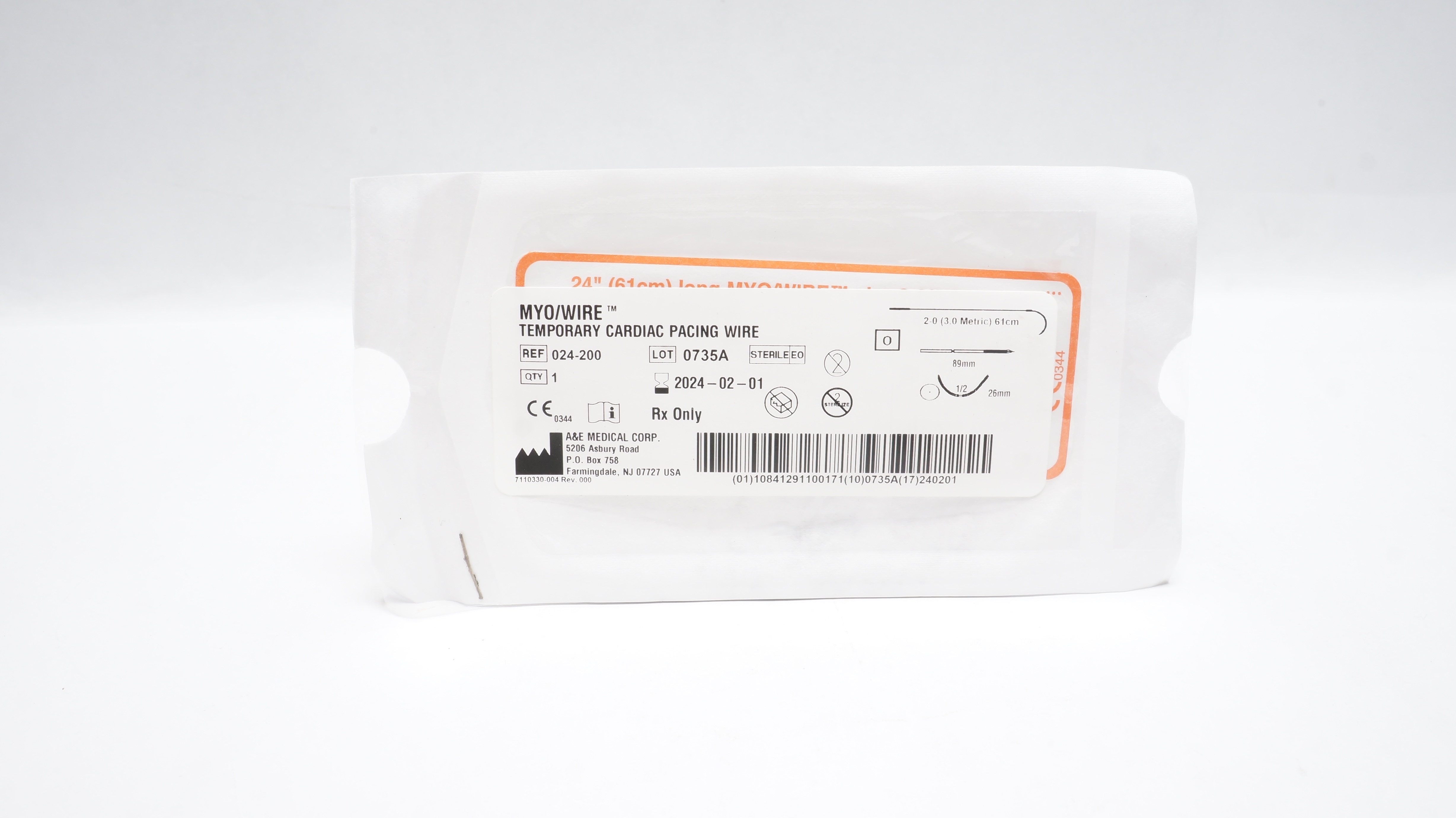 Cardiac Wire Rigalo A&E Medical 024-200 2.0 Myo/Wire Temporary Cardiac Pacing Wire 1/2 26 x ...