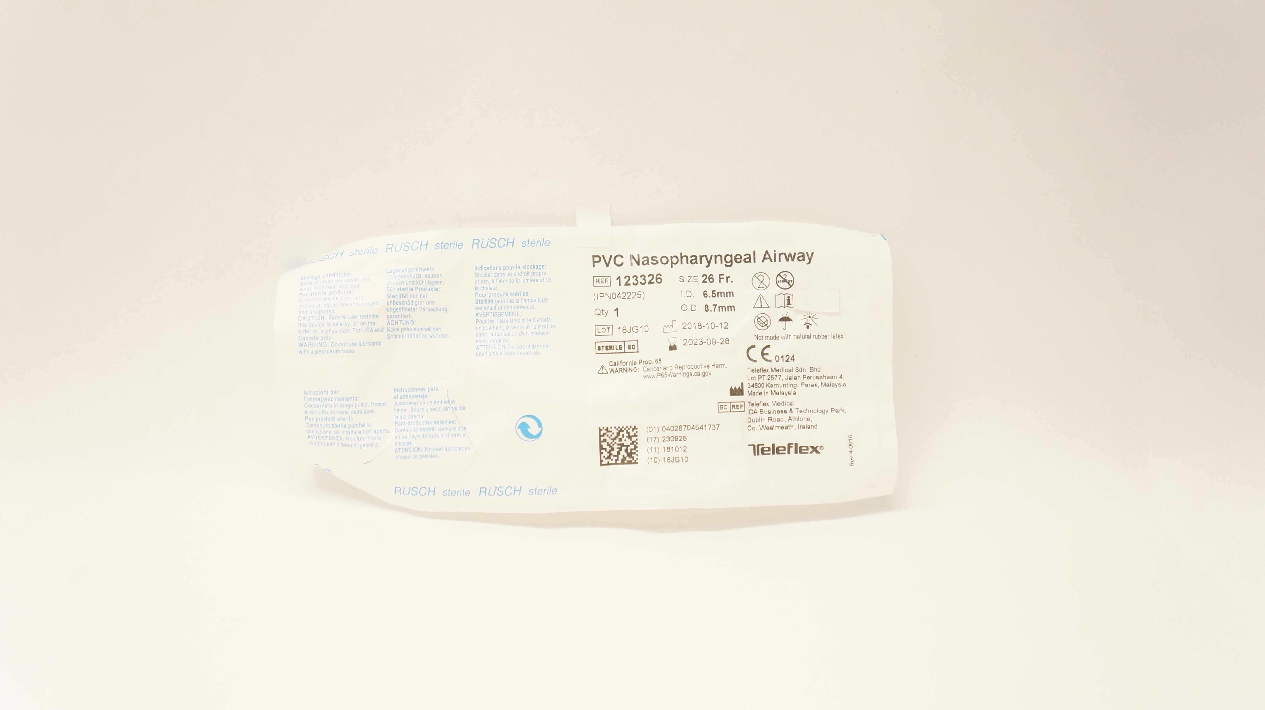 Teleflex 123326 Rusch PVC Nasopharyngeal Airway 26Fr. x 6.5mm I.D x 8.7mm O.D.
