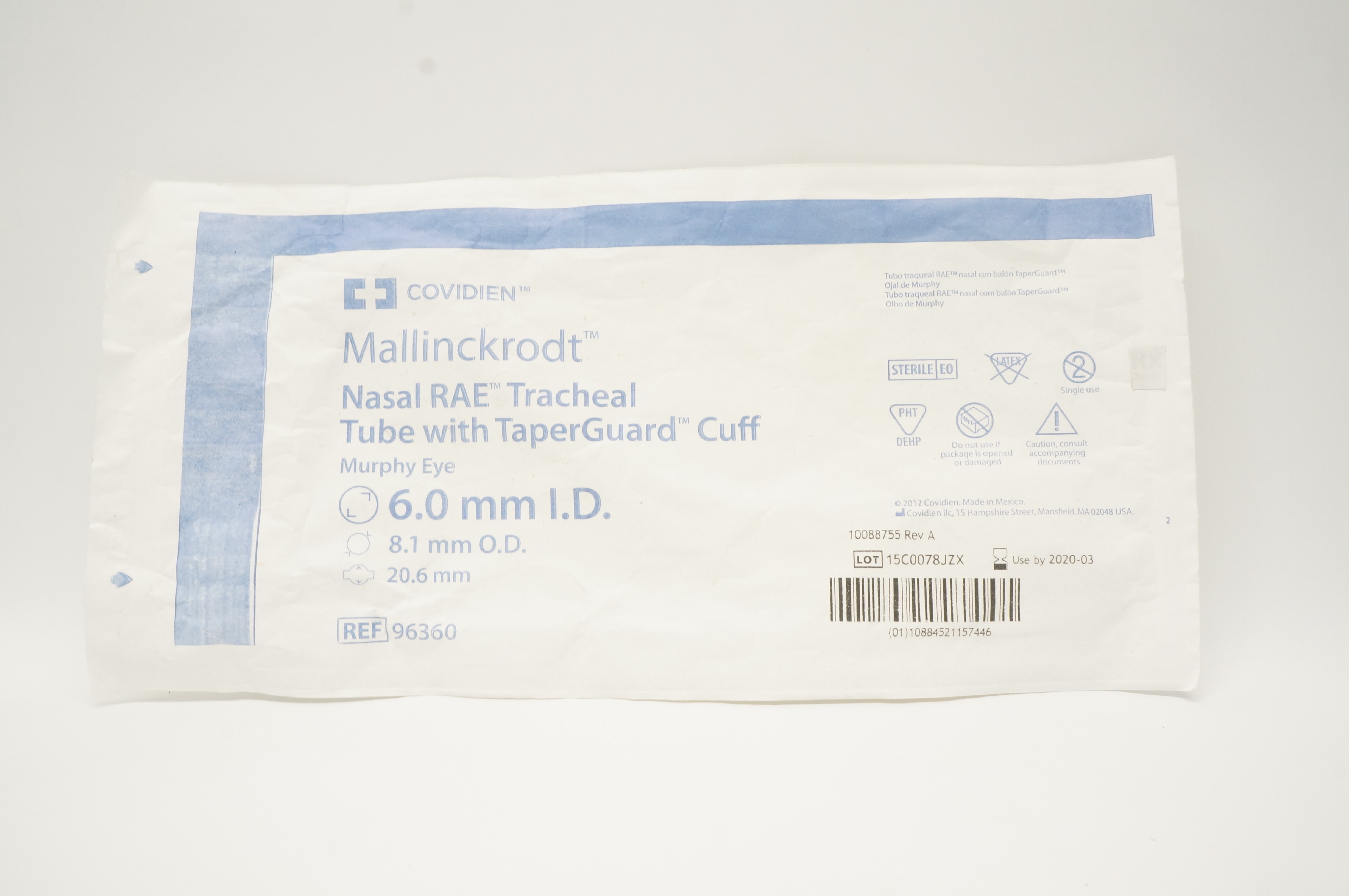 Covidien 96360  Mallinckrodt Nasal RAE Tracheal Tube 6.0 x 8.1 x 20.6mm (x)