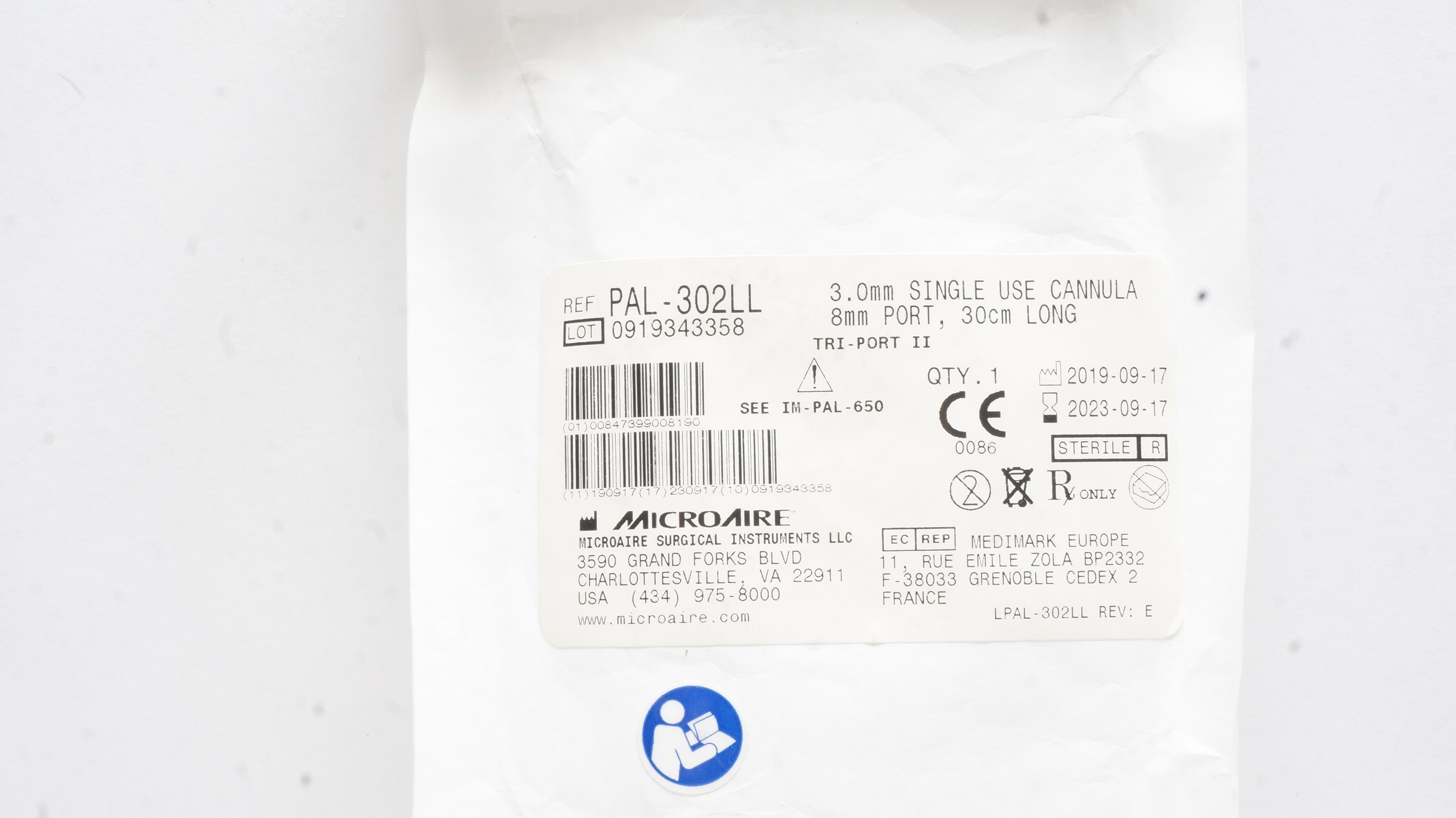 Microaire PAL-302LL 3.0mm Tri-Port II Single Use Cannula 8mm Port, 30cm (x)
