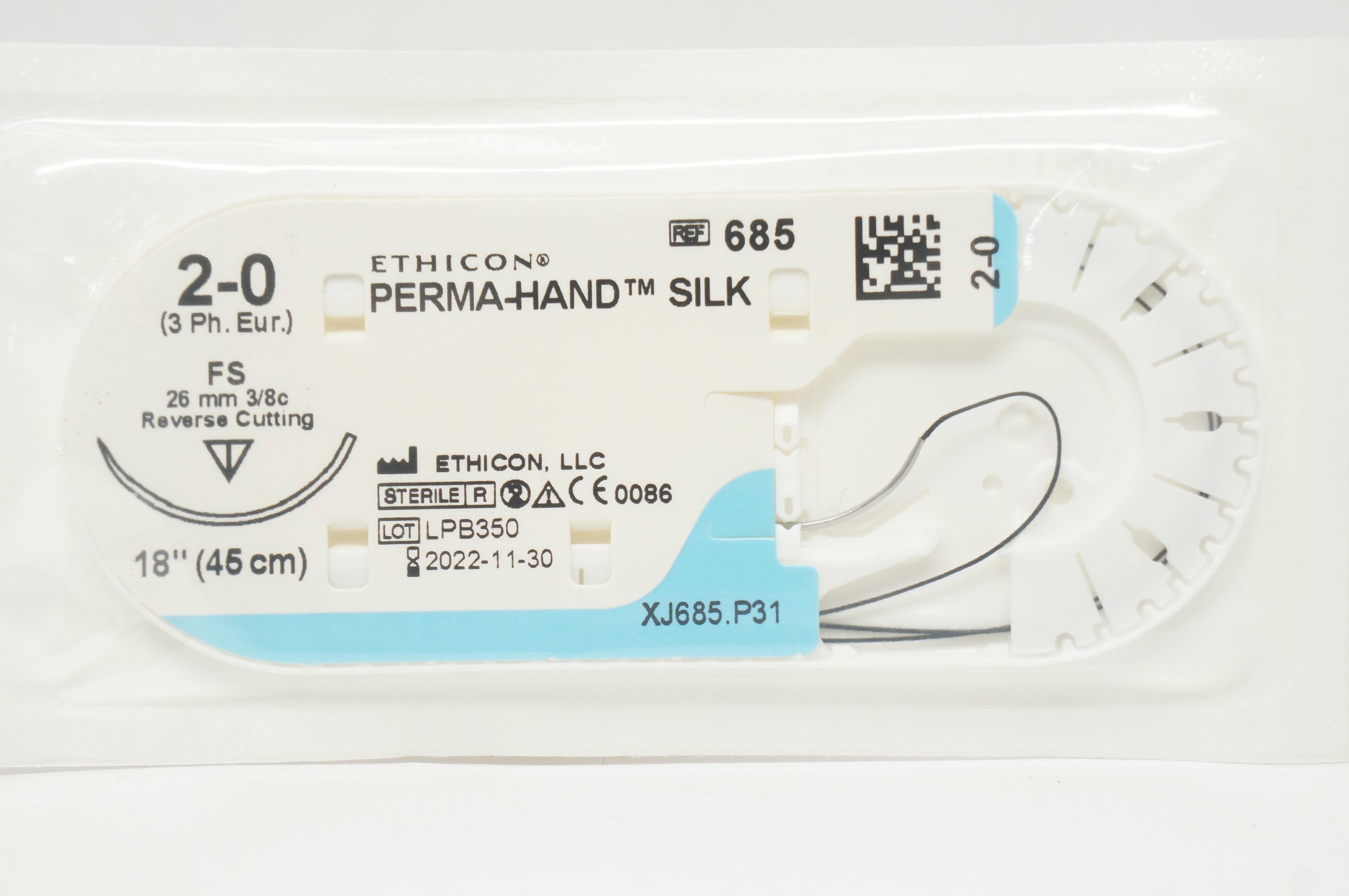 Ethicon 685 2-0 Perma-Hand Silk Stre FS, 26mm 3/8c Reverse Cutting, 18inch